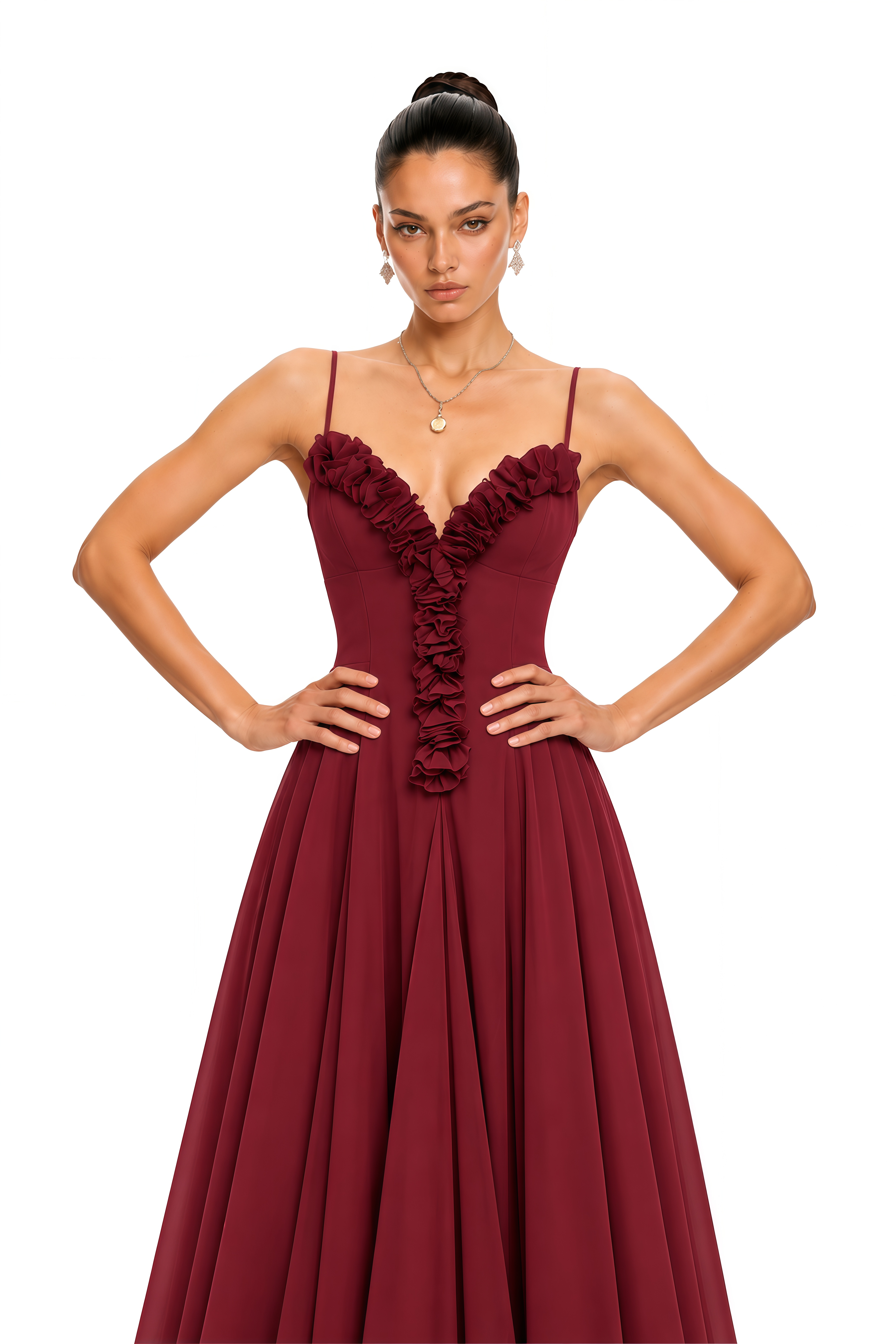 Adaeze Burgundy Ruffle Trim Corset Midi Dress