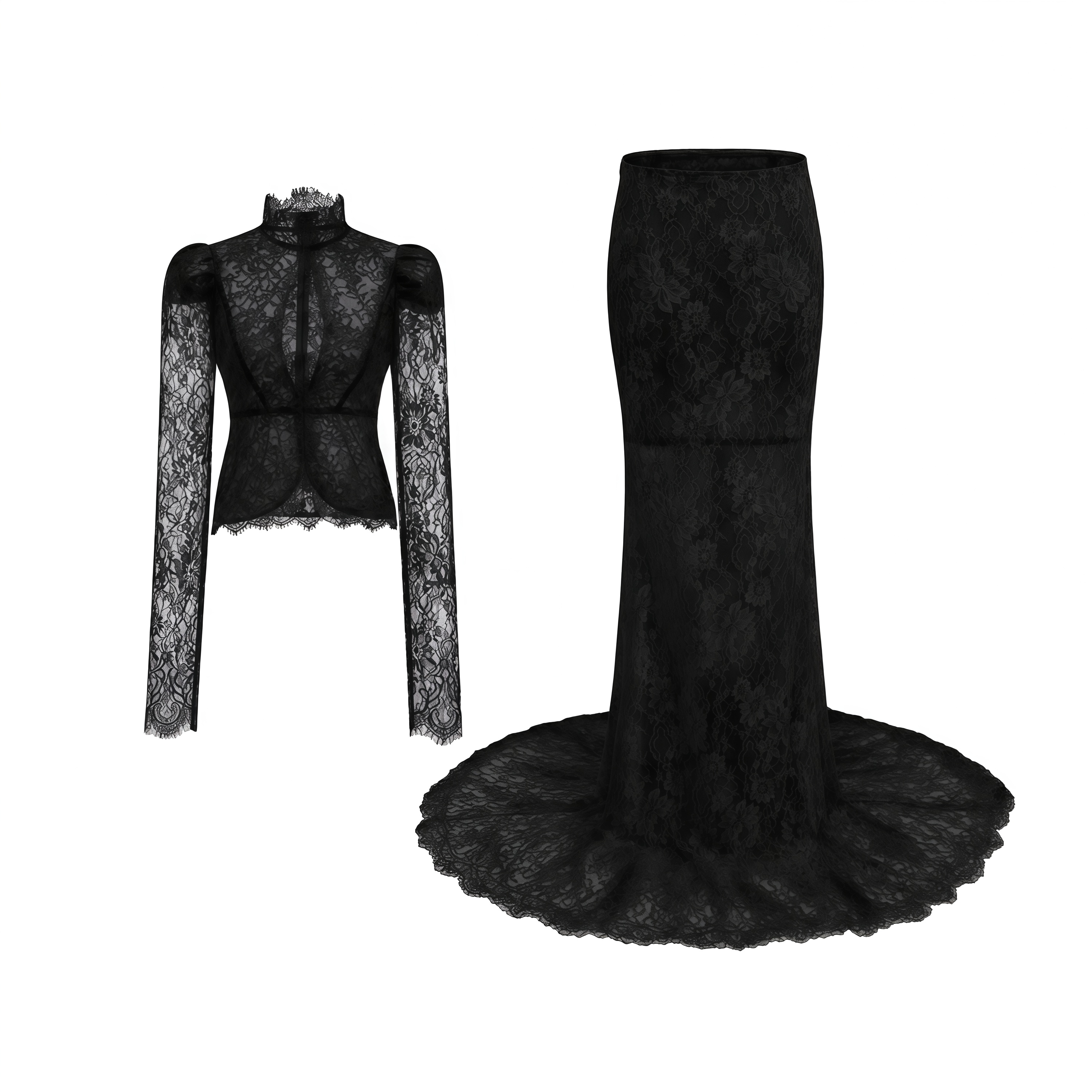 Adele Black Puff Floral Blouse & Mermaid Skirt Set