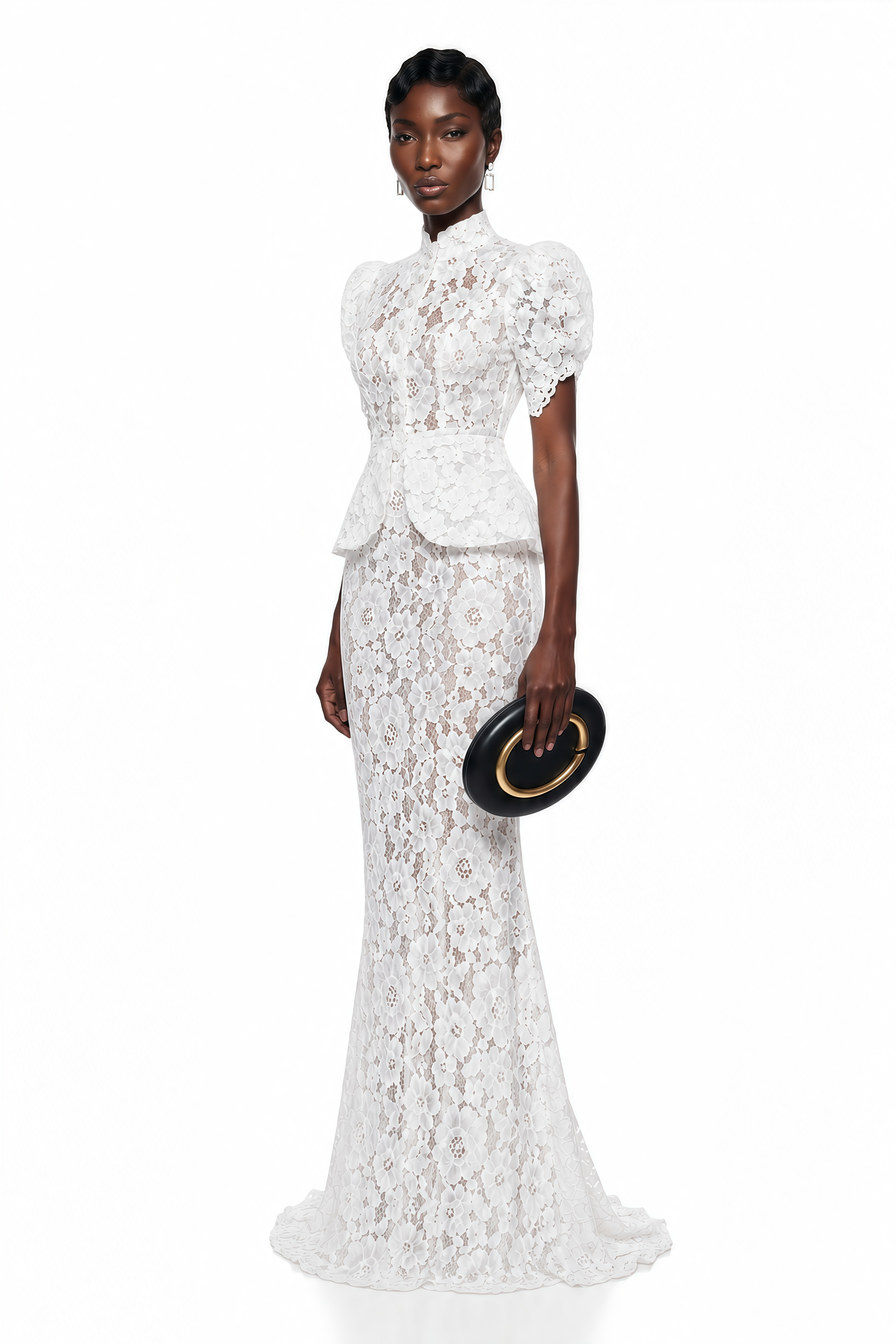 White floral lace maxi dress featuring a high neck, button-up bodice, short puff sleeves, and a peplum waist