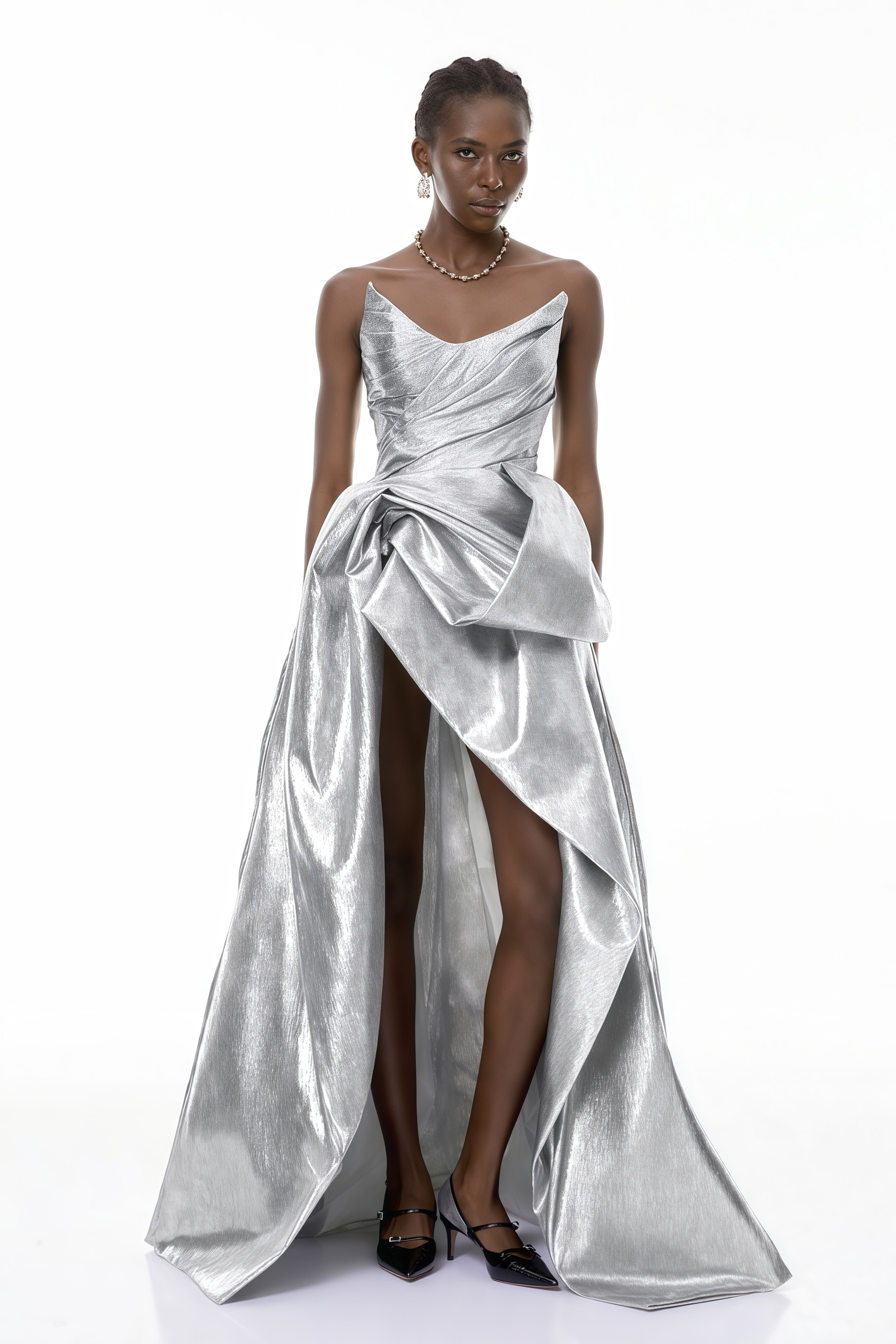 Silver Glossy Asymmetrical Ruched Gown