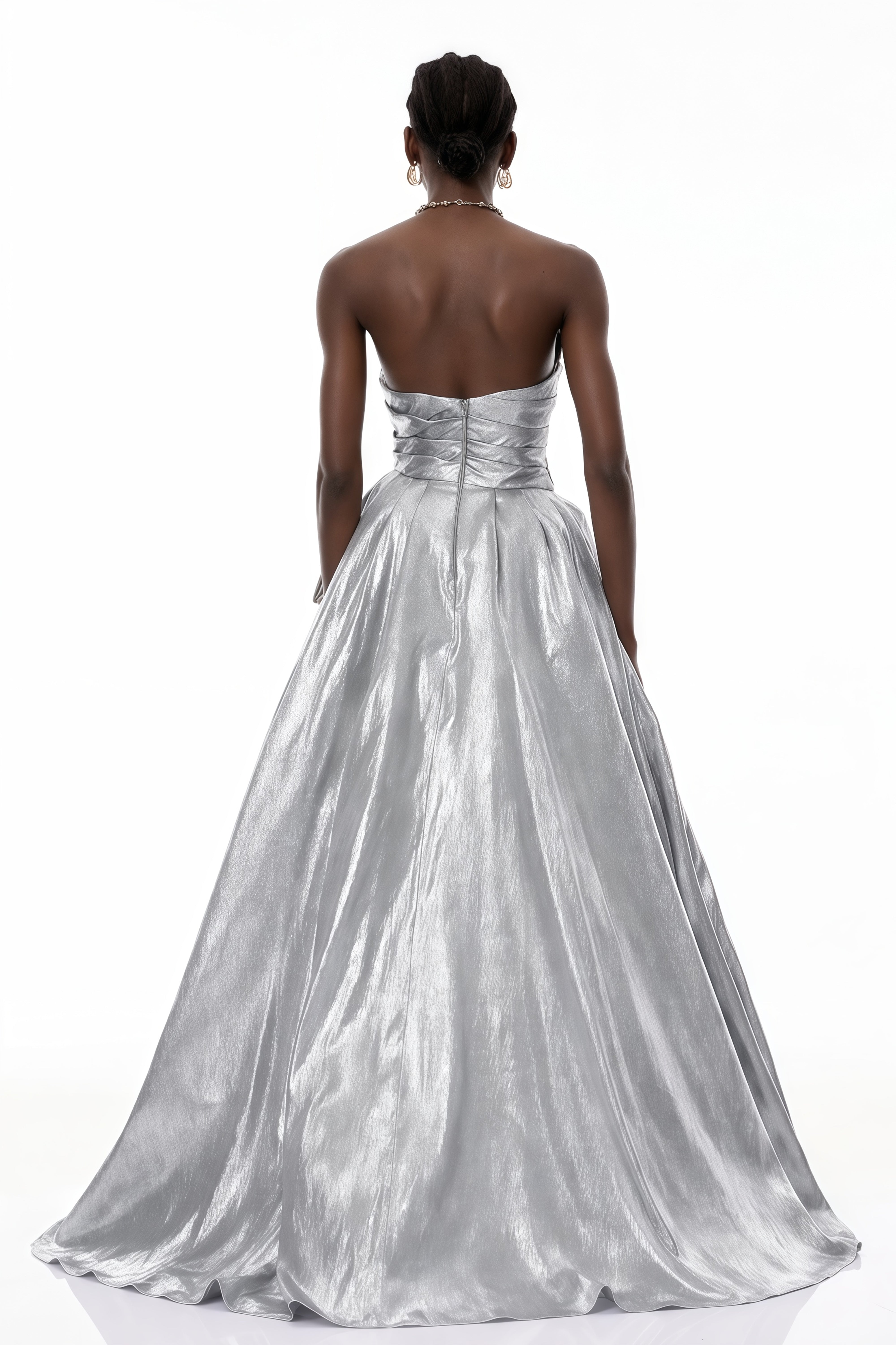 Silver Glossy Asymmetrical Ruched Gown