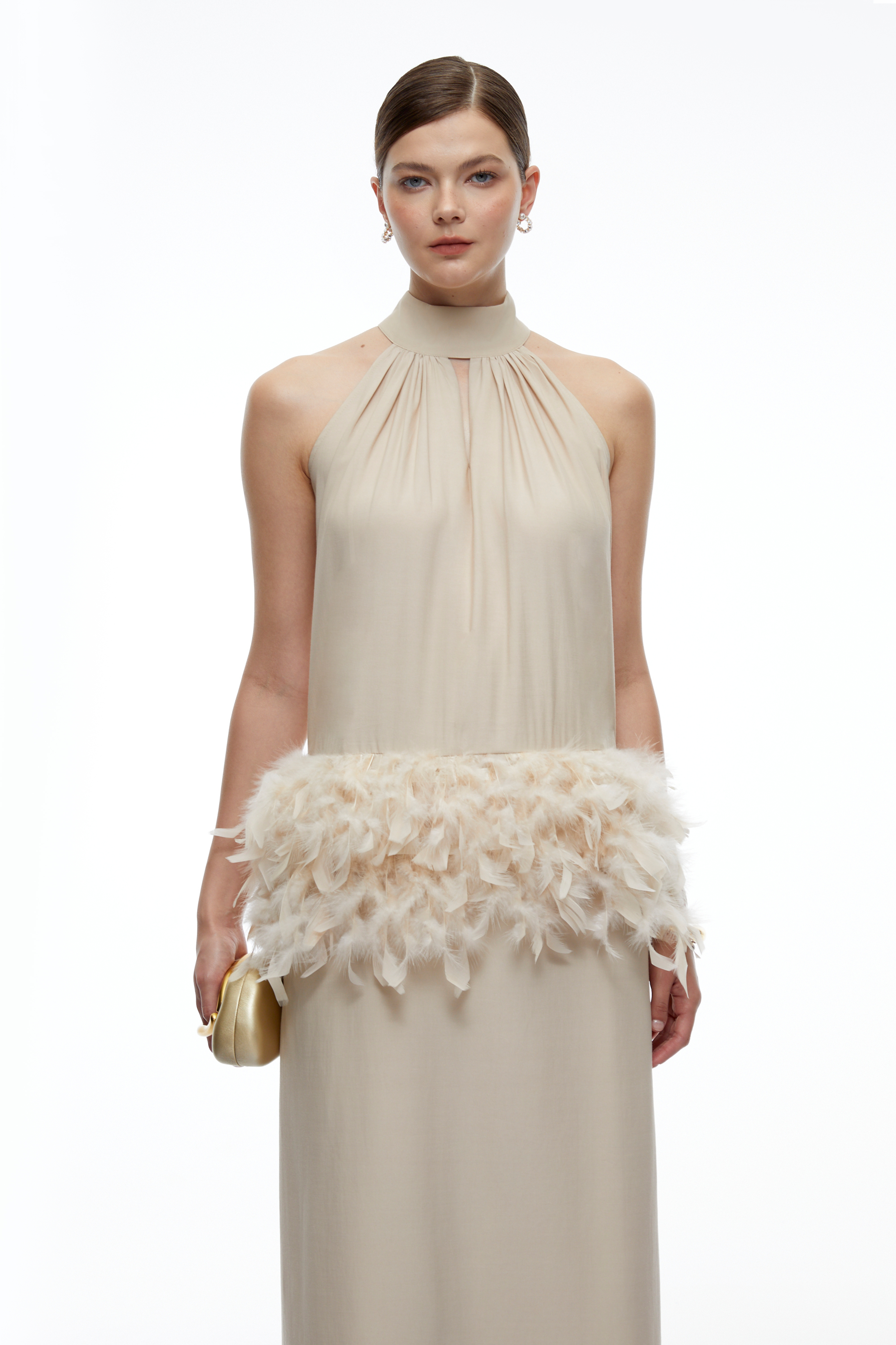 Agnes Neutral Feather Trim Halterneck Maxi Dress
