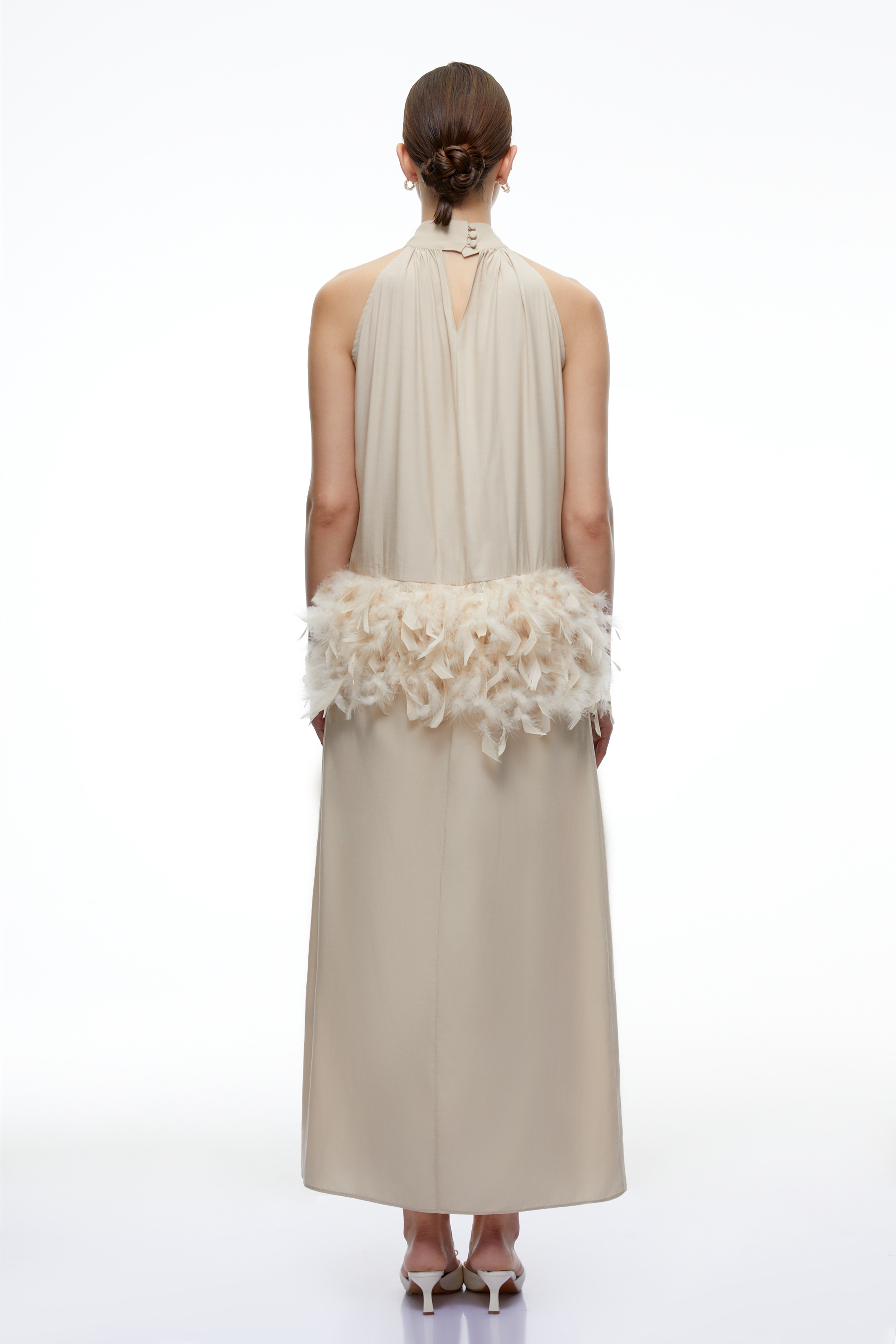 Agnes Neutral Feather Trim Halterneck Maxi Dress