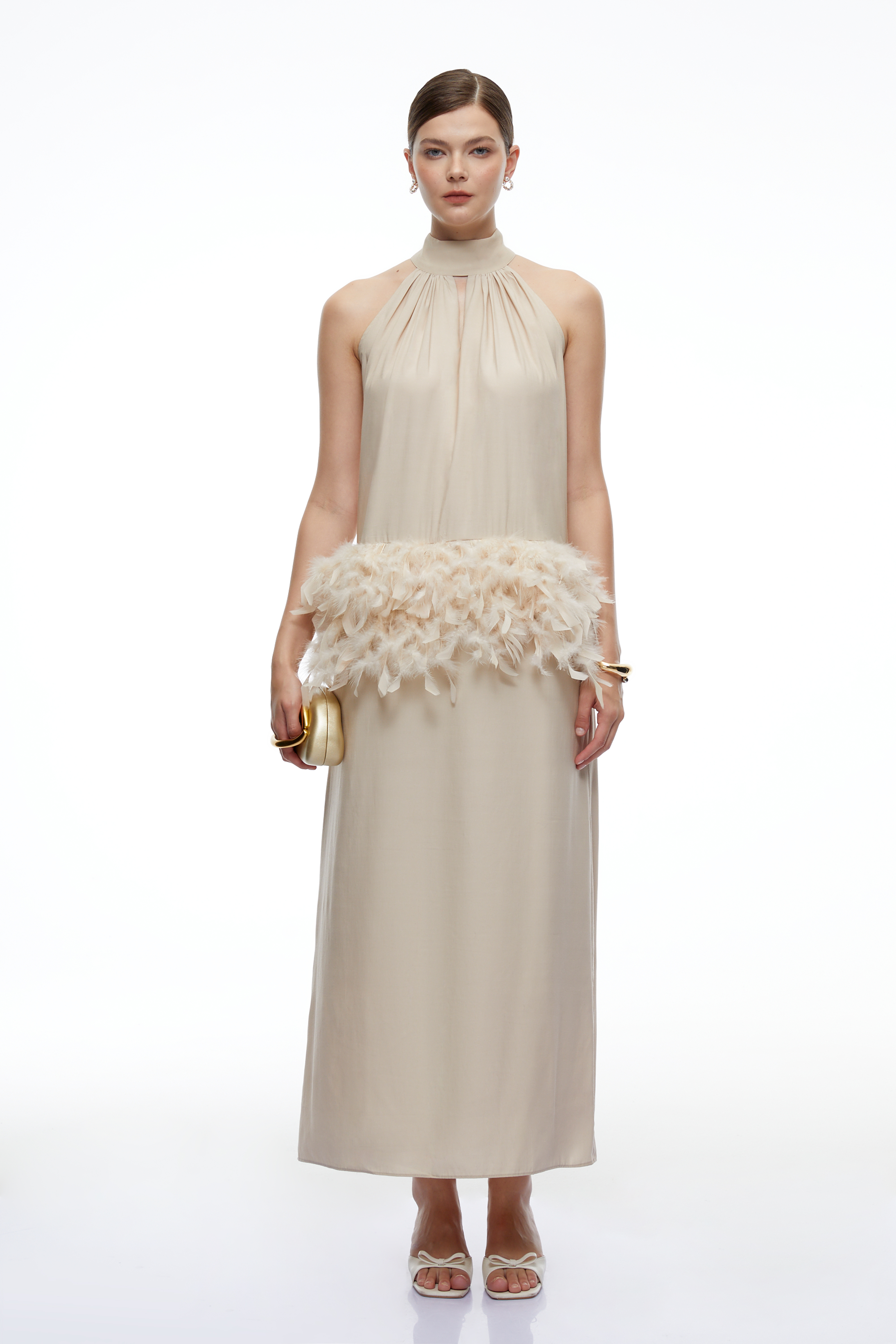 Agnes Neutral Feather Trim Halterneck Maxi Dress