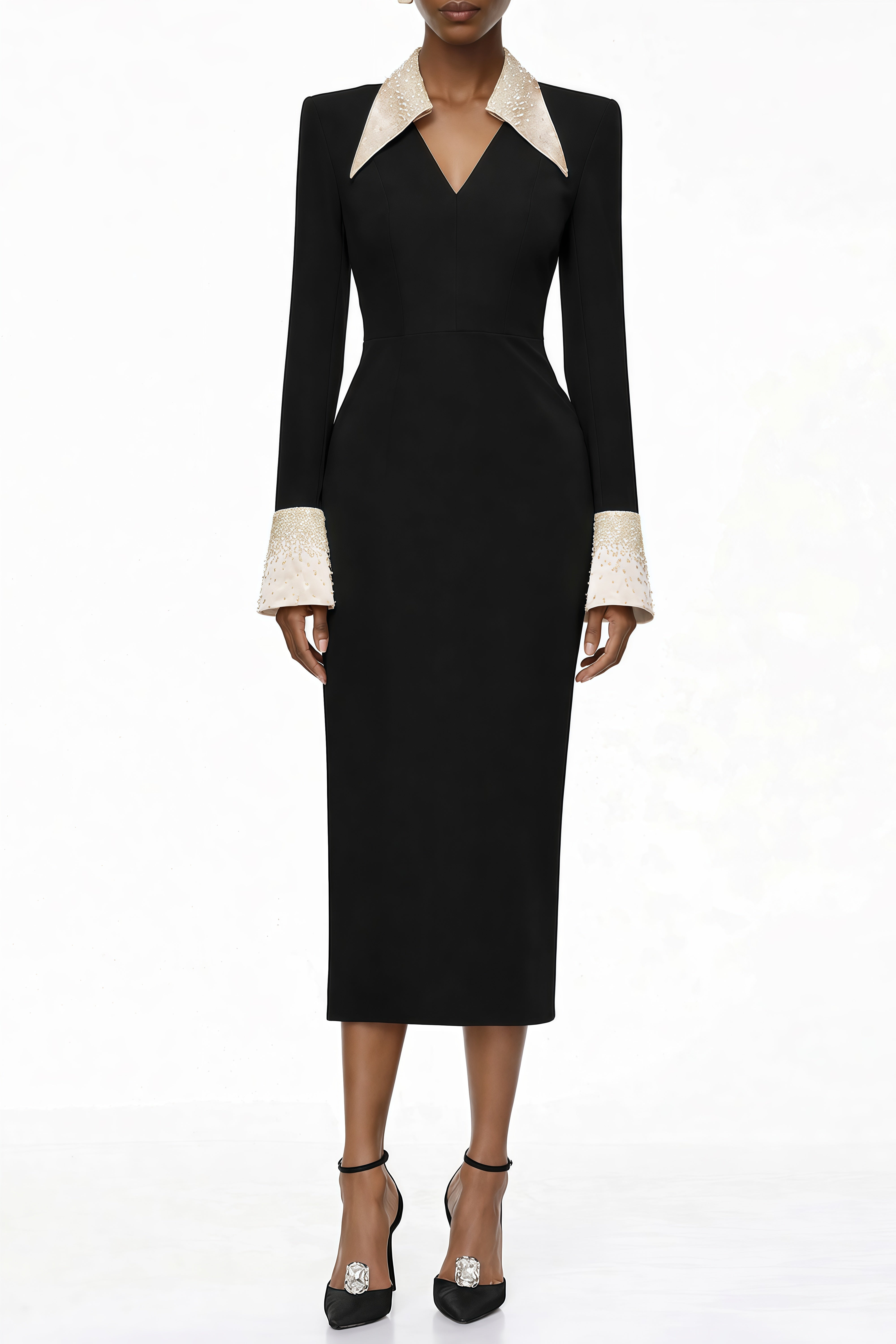 Lapel Rhinestone Midi Dress