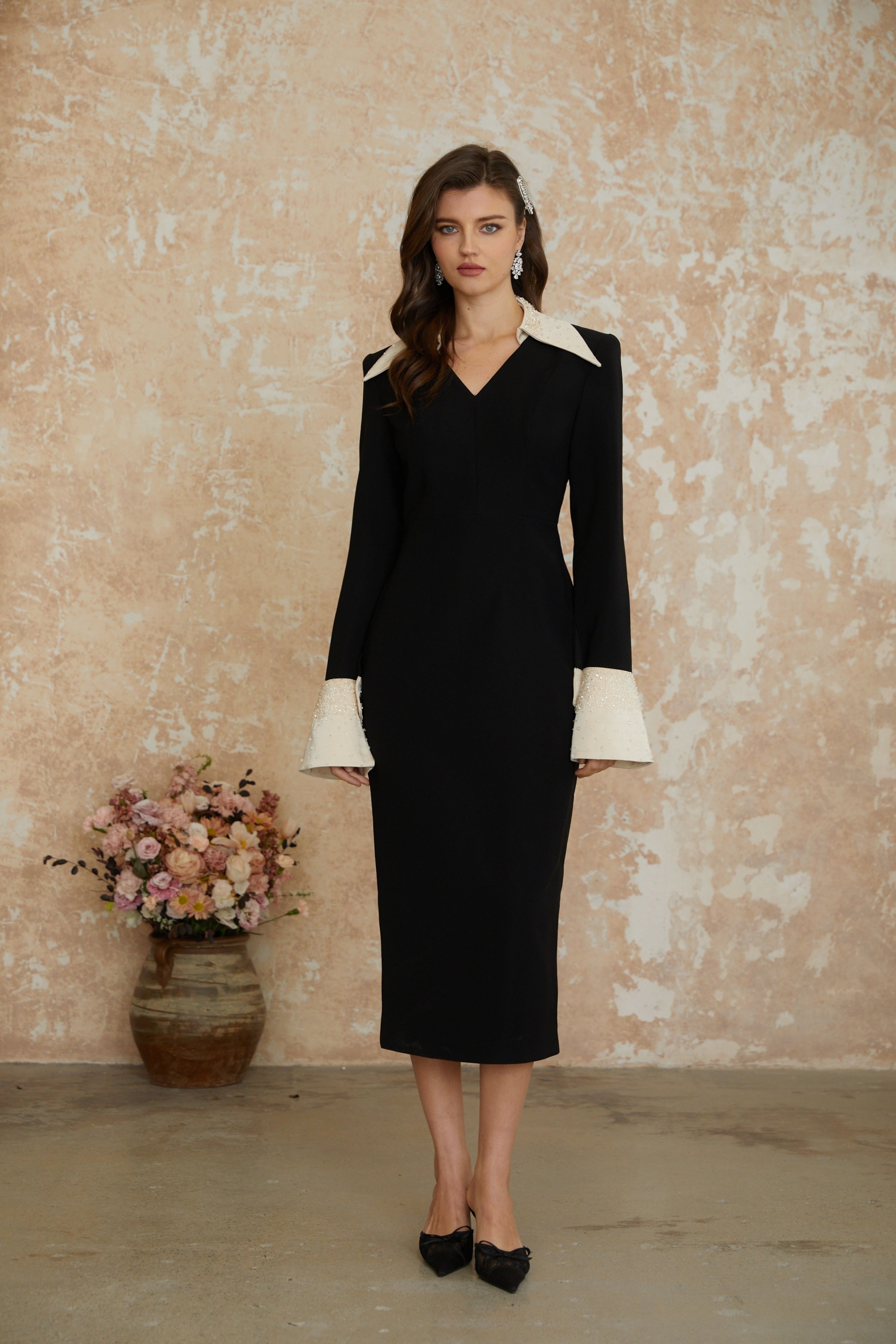 Lapel Rhinestone Midi Dress