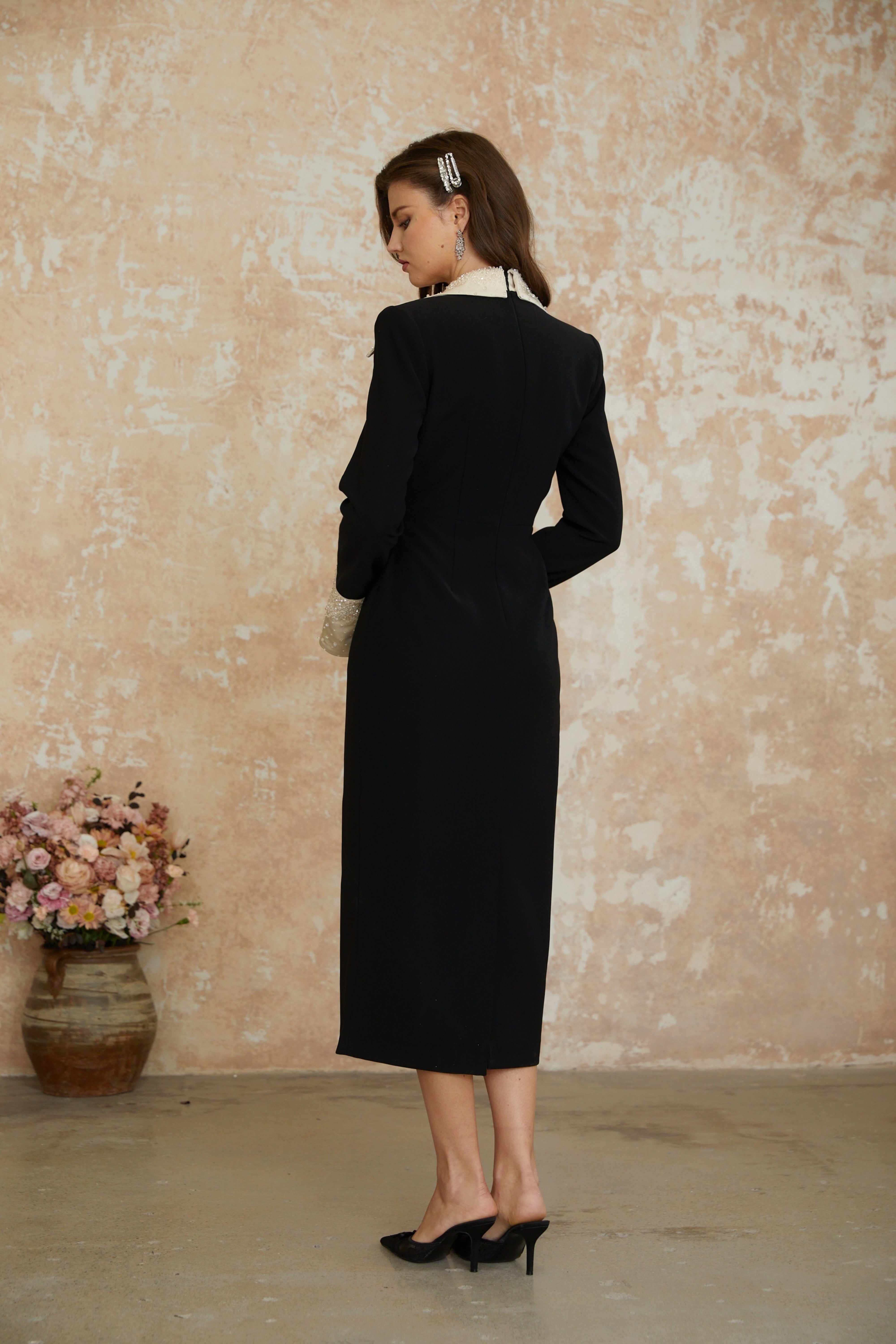 Lapel Rhinestone Midi Dress