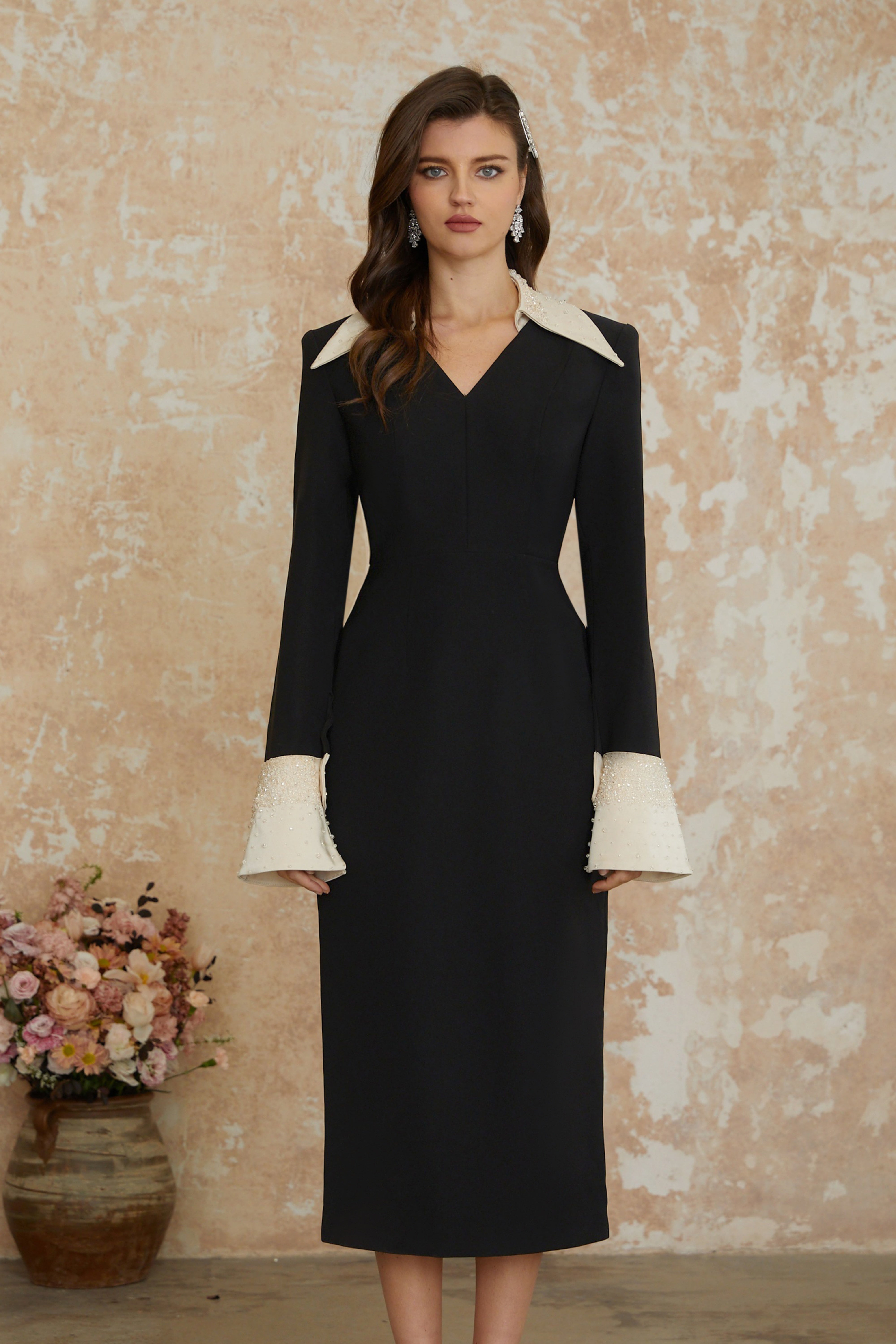 Lapel Rhinestone Midi Dress