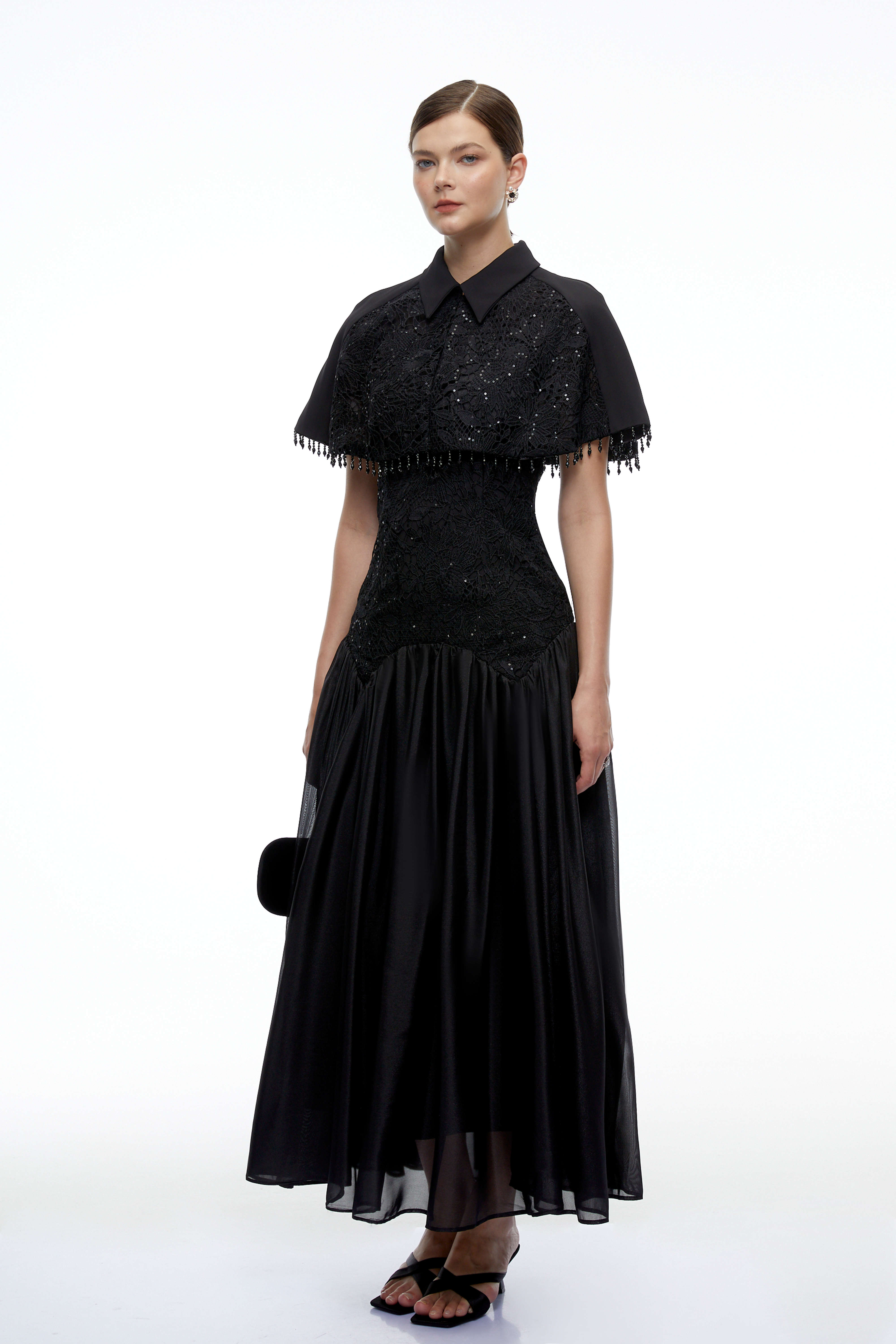 Aitana Black Floral Lace Maxi Dress with Cape