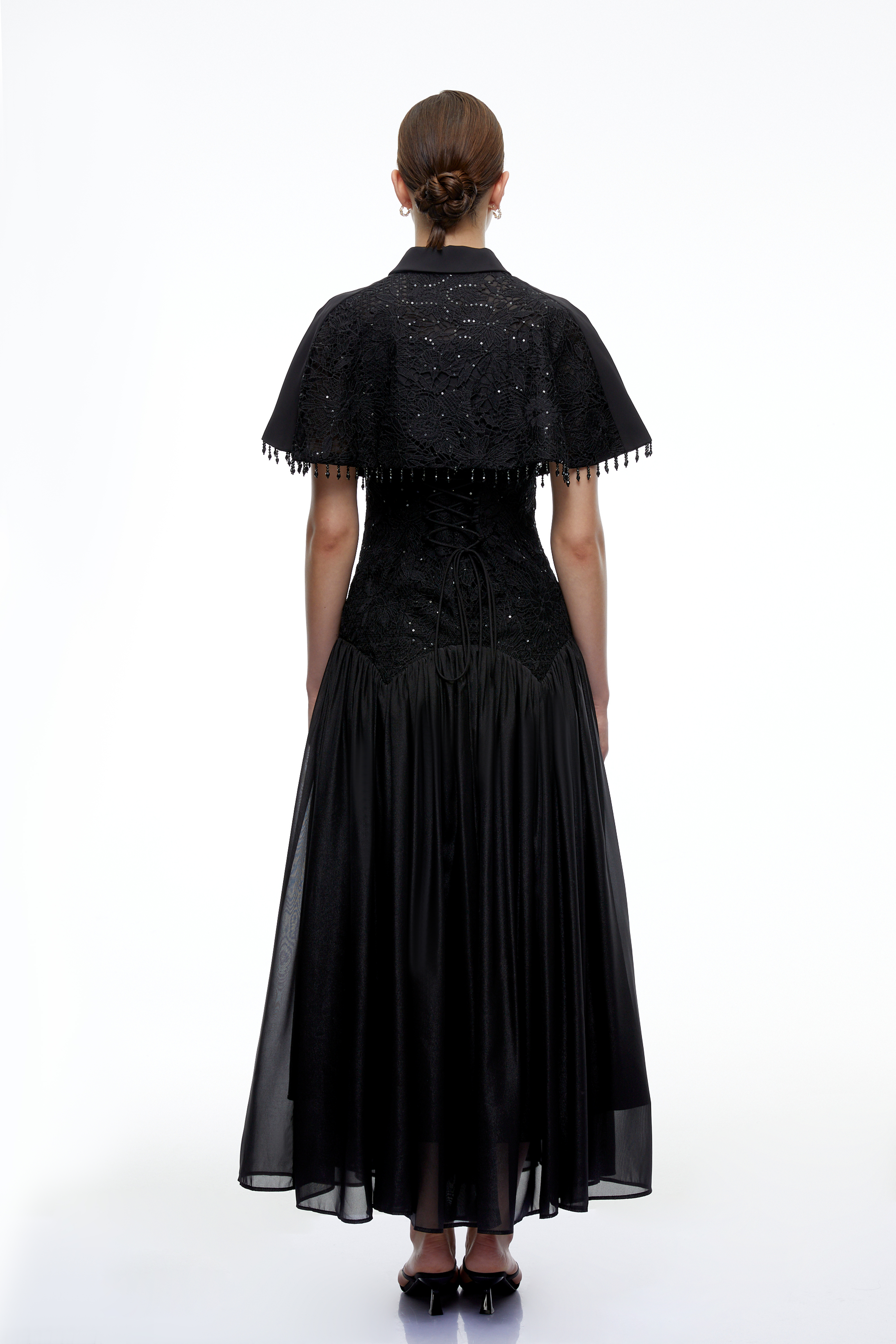Aitana Black Floral Lace Maxi Dress with Cape