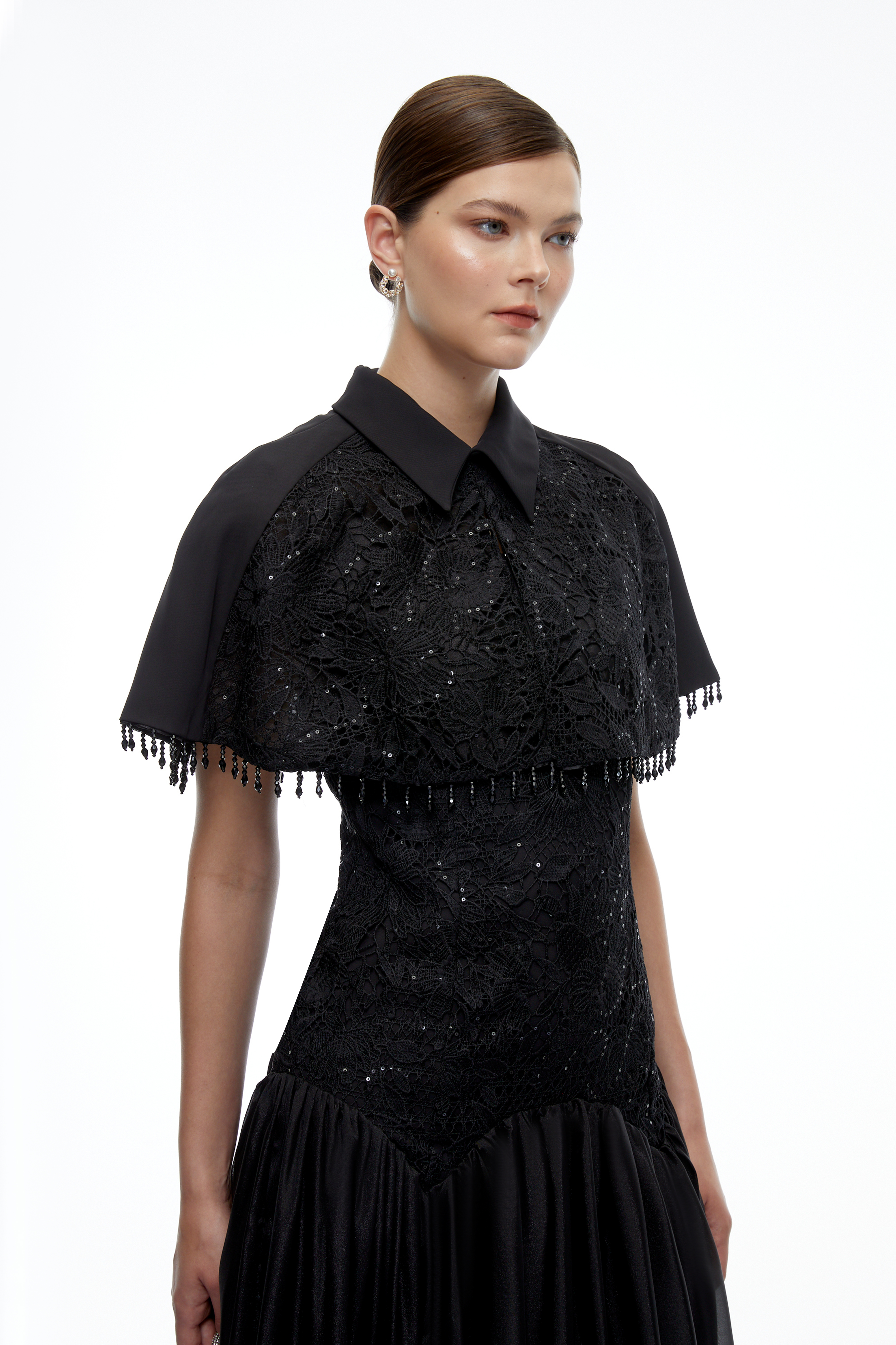 Aitana Black Floral Lace Maxi Dress with Cape