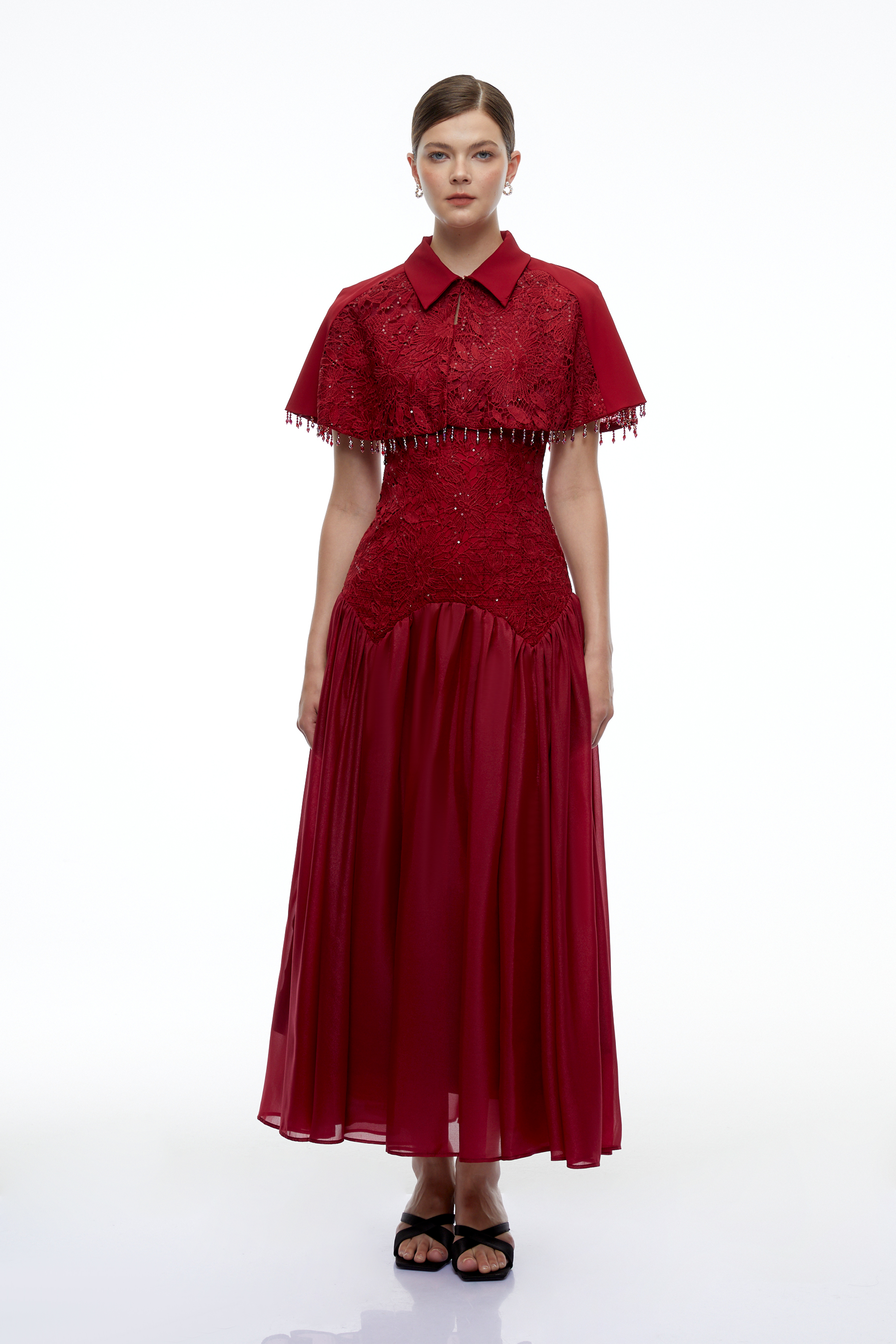 Aitana Burgundy Floral Lace Maxi Dress with Cape