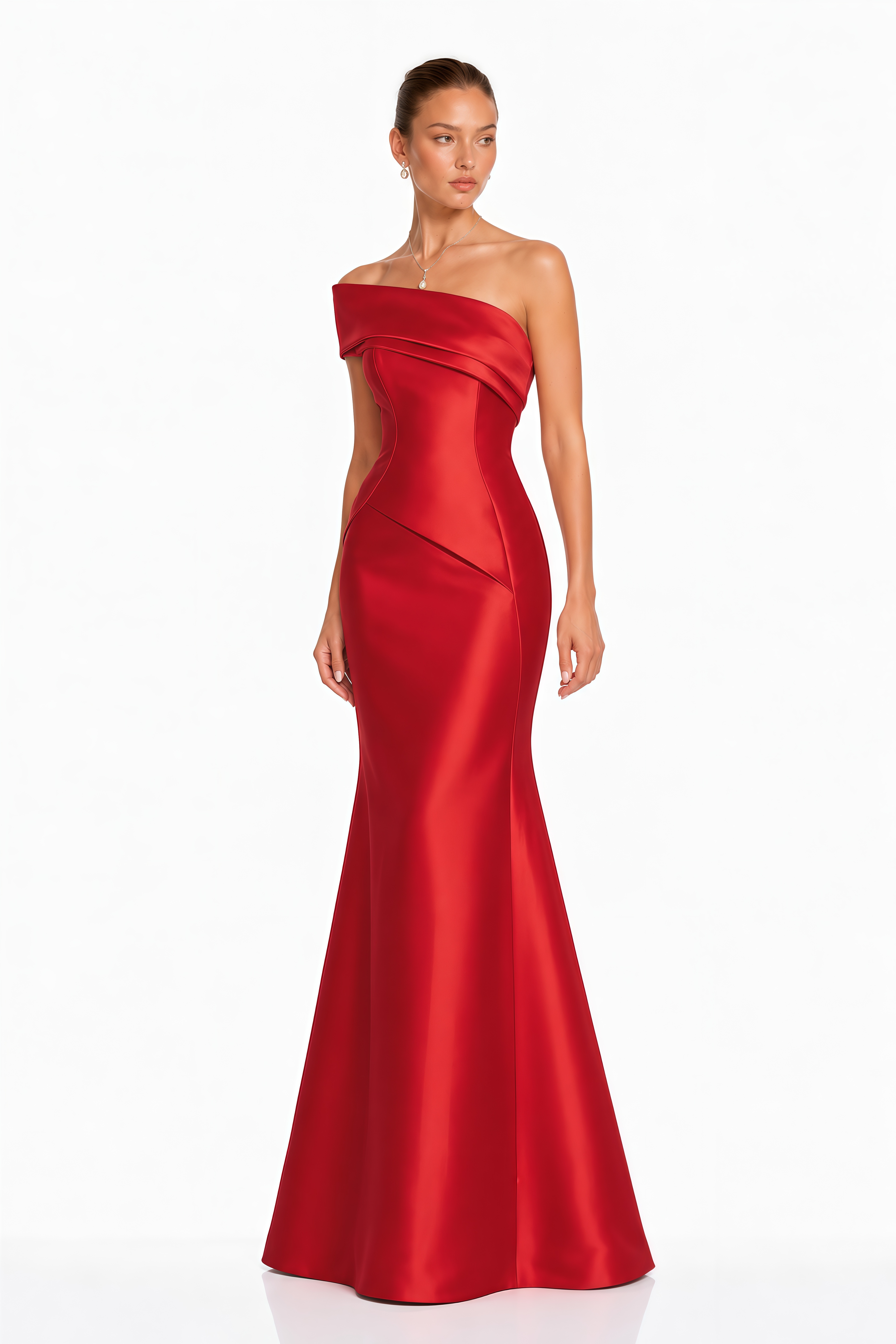 Ajuni Red Asymmetrical Off Shoulder Satin Maxi Dress