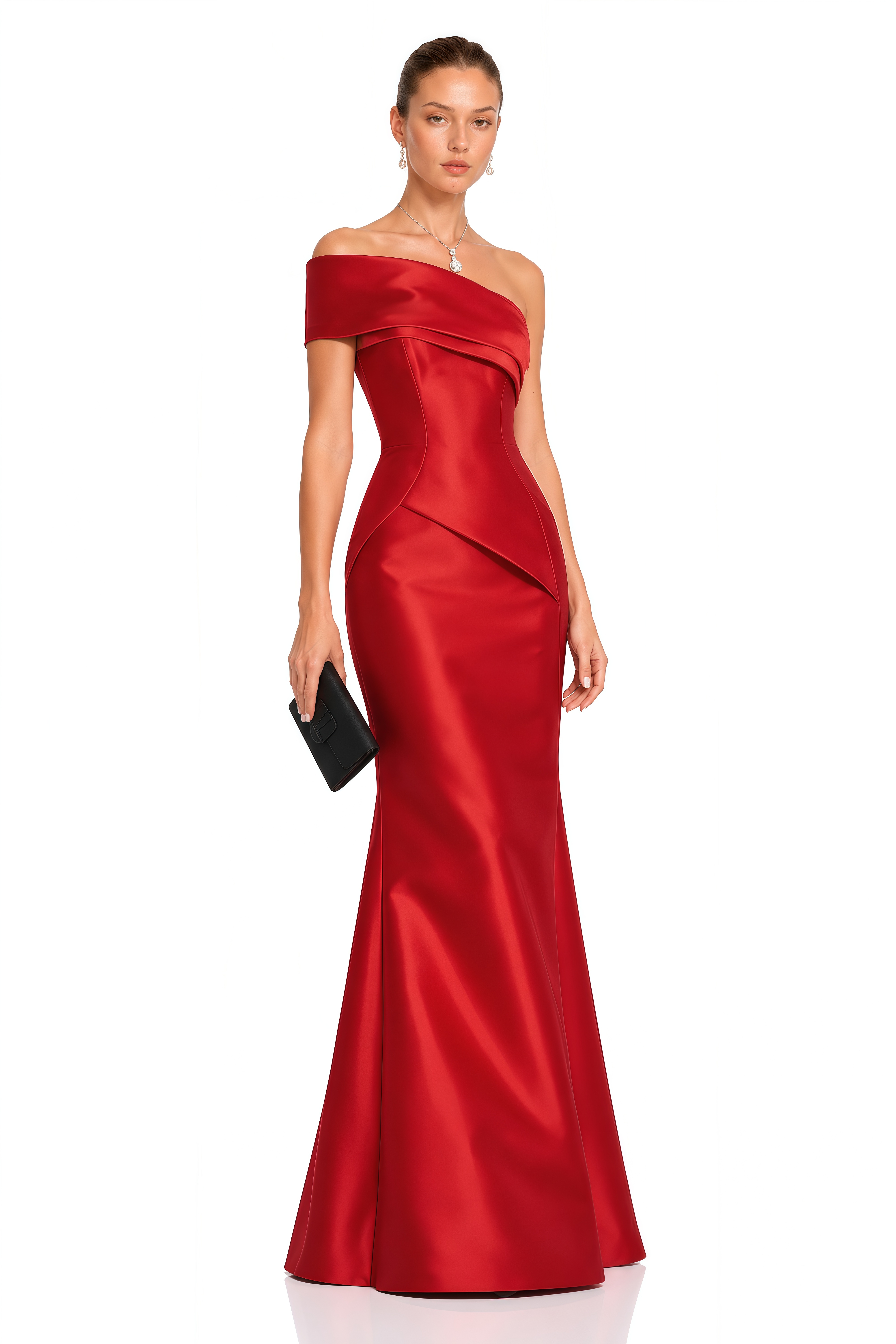 Ajuni Red Asymmetrical Off Shoulder Satin Maxi Dress
