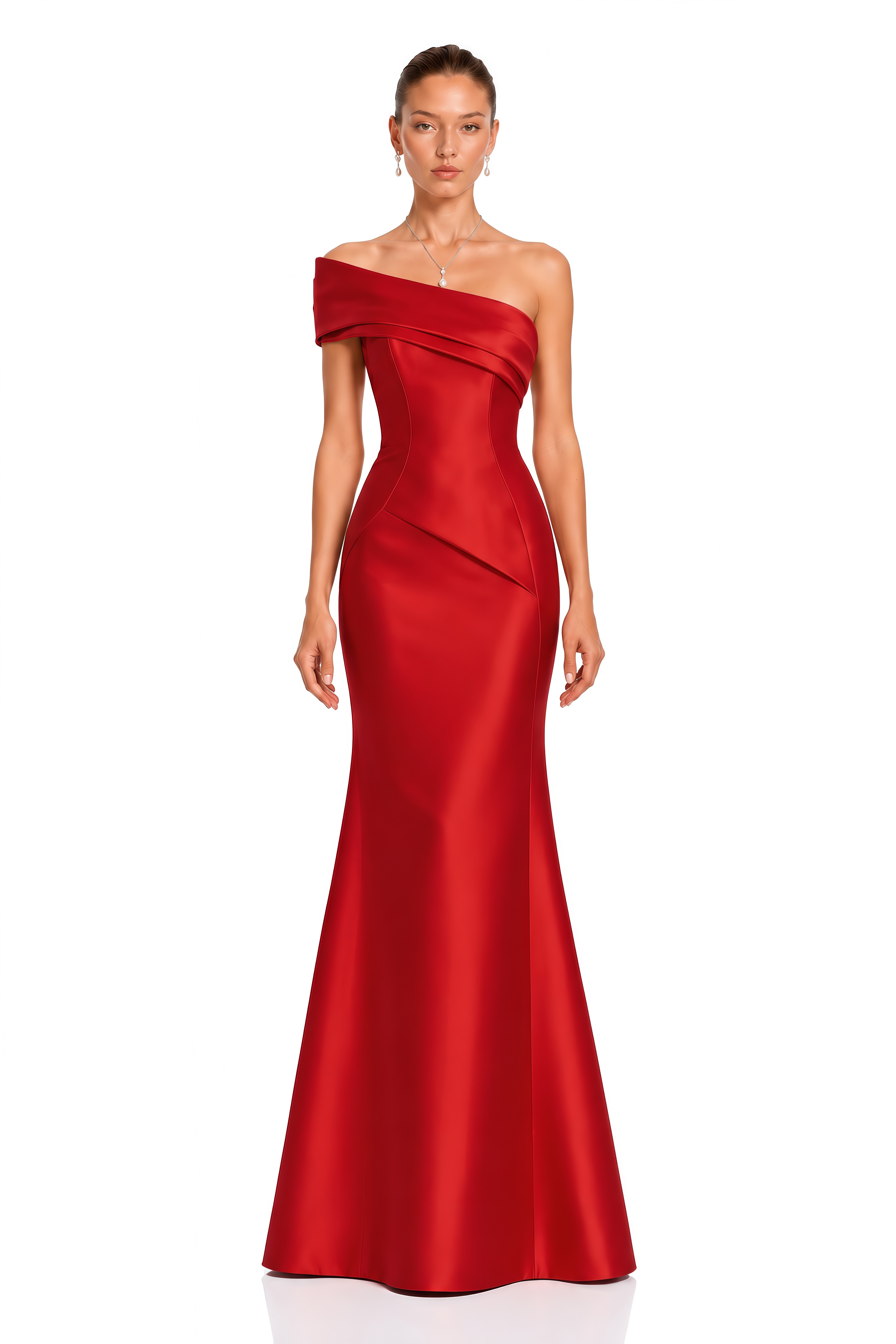 Ajuni Red Asymmetrical Off Shoulder Satin Maxi Dress