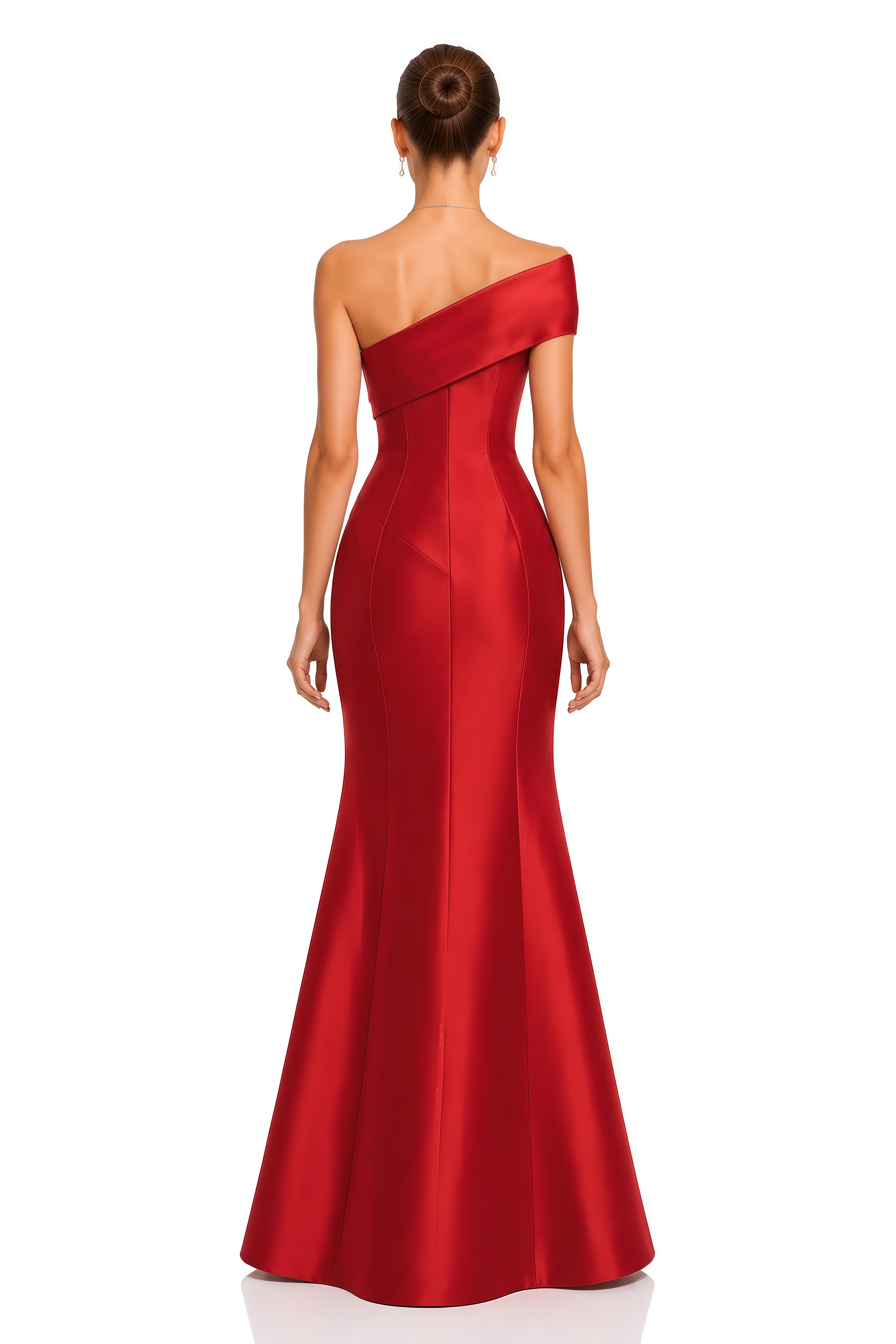 Ajuni Red Asymmetrical Off Shoulder Satin Maxi Dress