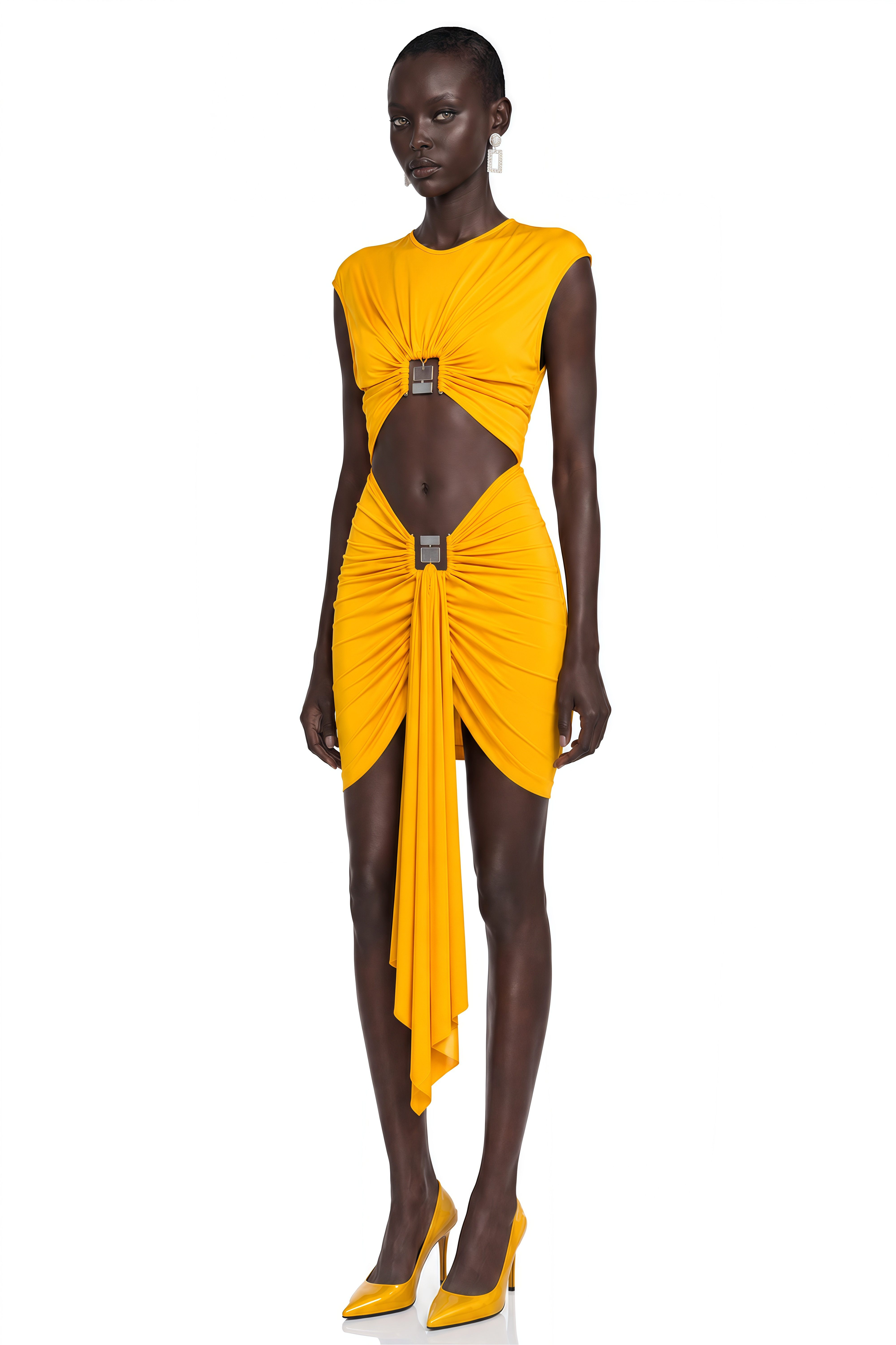 Alaia Yellow Cap Sleeve Cut-Out Midi Dress
