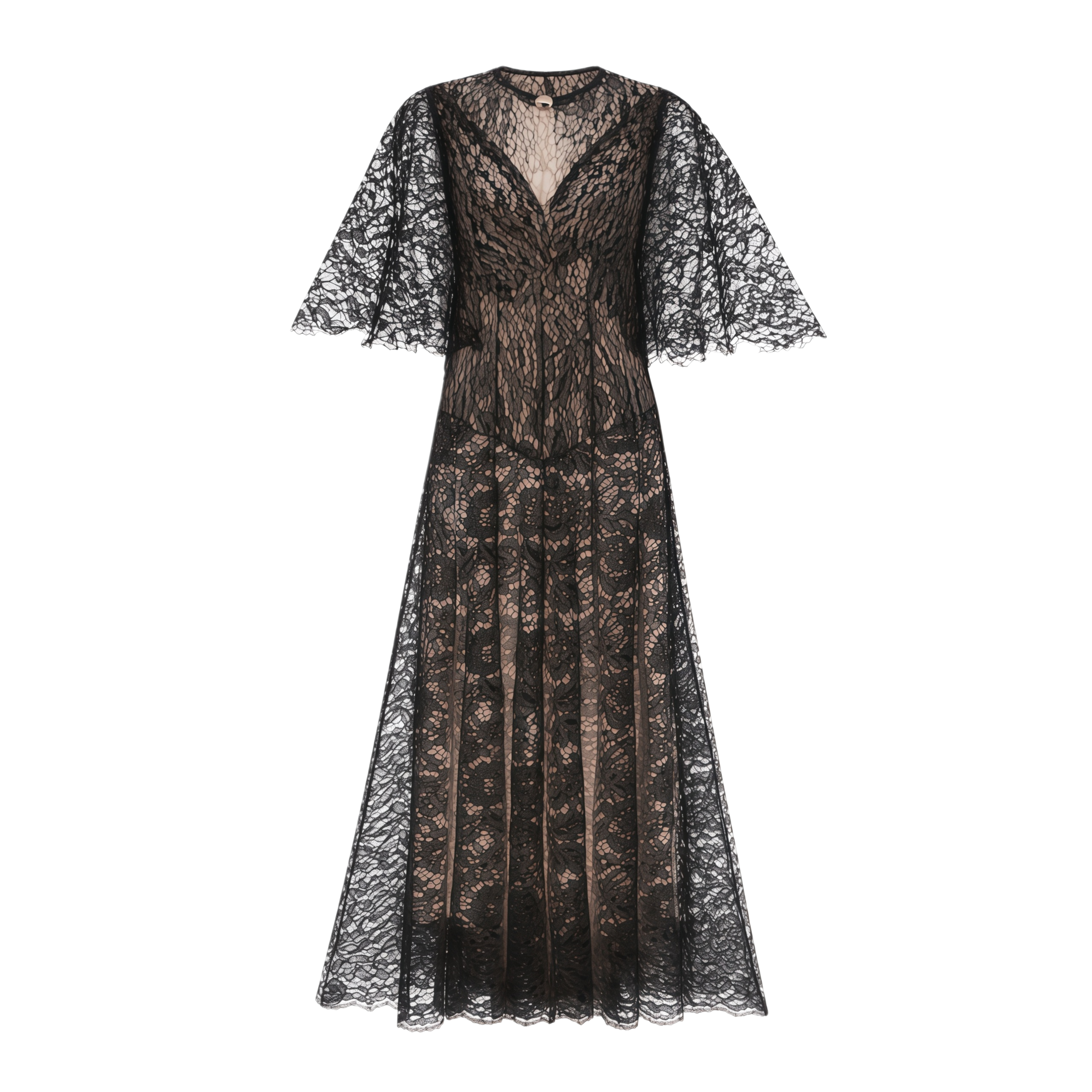 Black lace midi dress with a keyhole neckline and a flared skirt over a nude lining