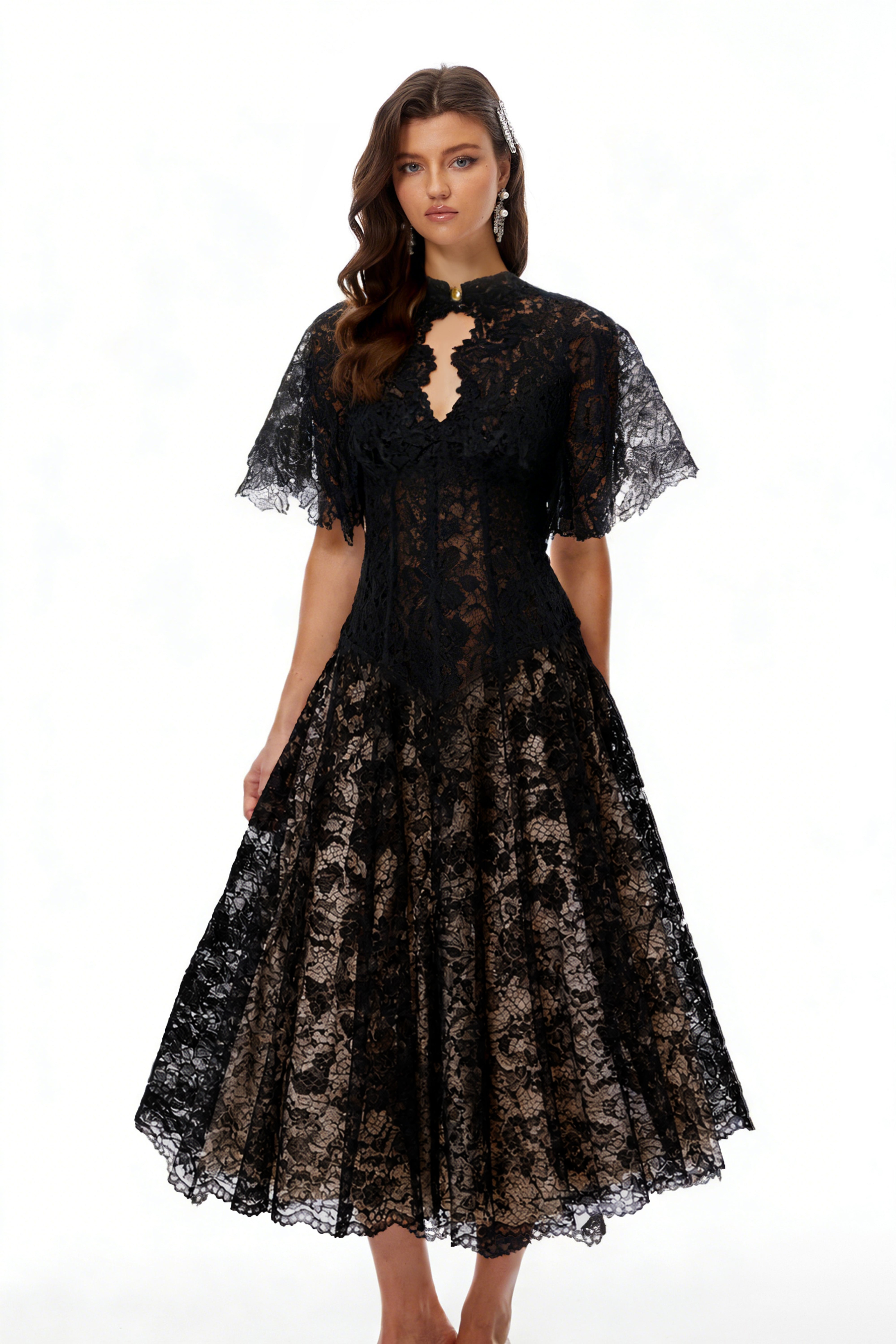 Alaia Black Cape Design Floral Lace Midi Dress – Miss Rosier