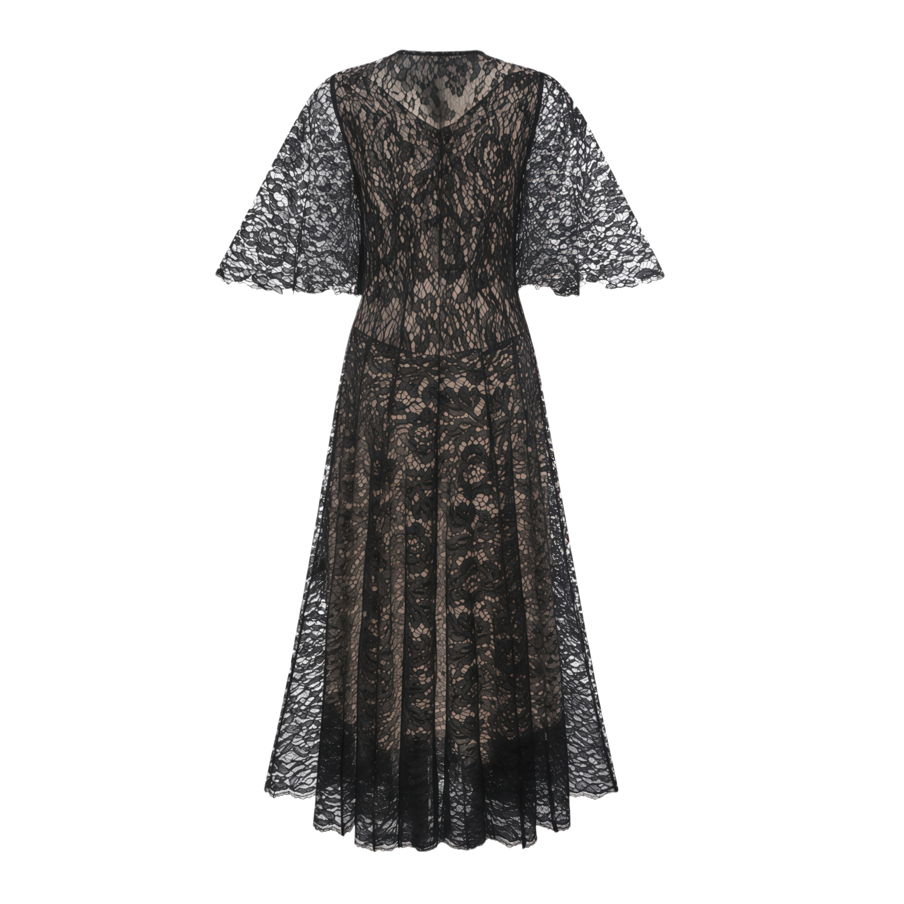 Black lace midi dress with a keyhole neckline and a flared skirt over a nude lining