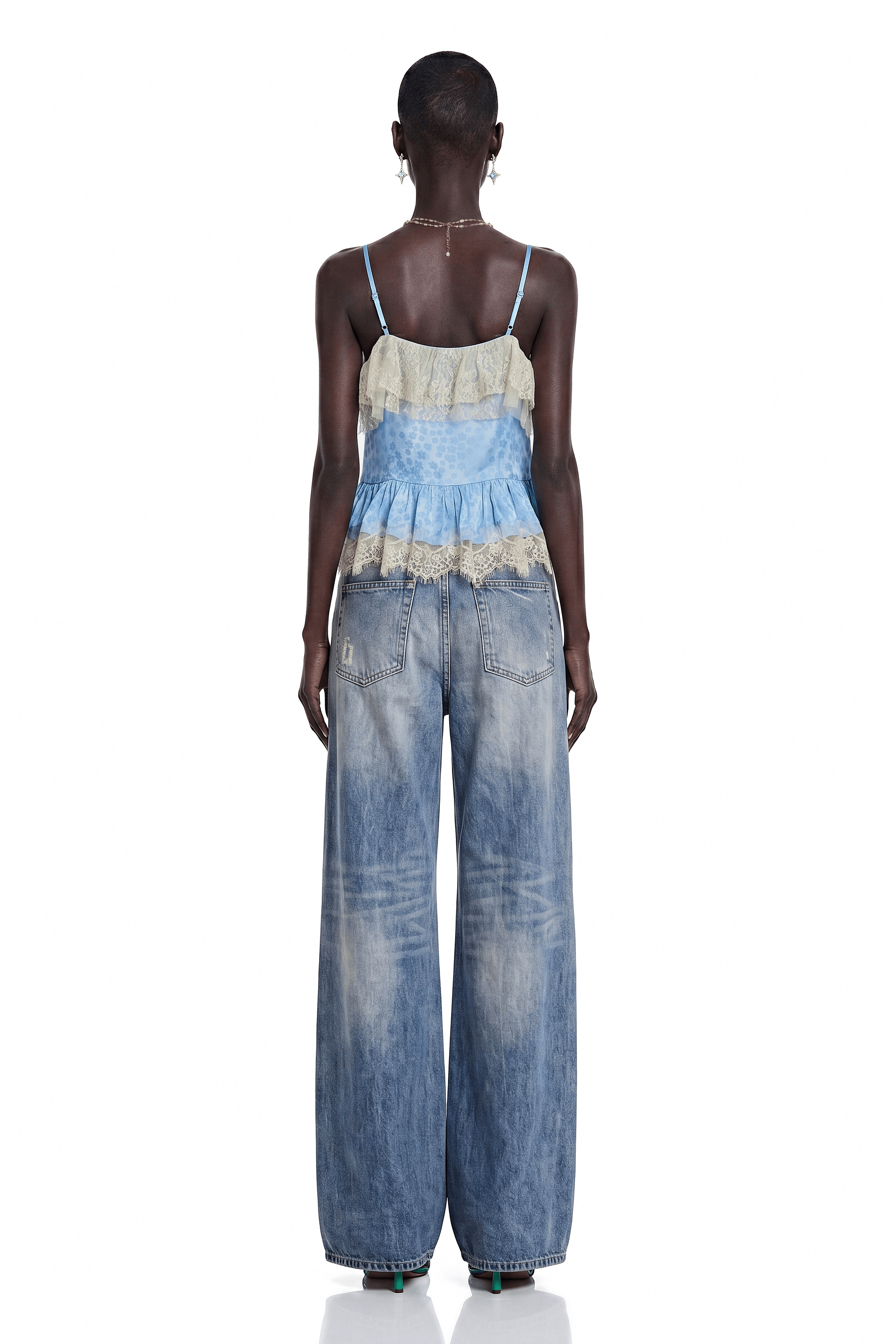 Alba Blue Spaghetti Straps Lace Detail Top