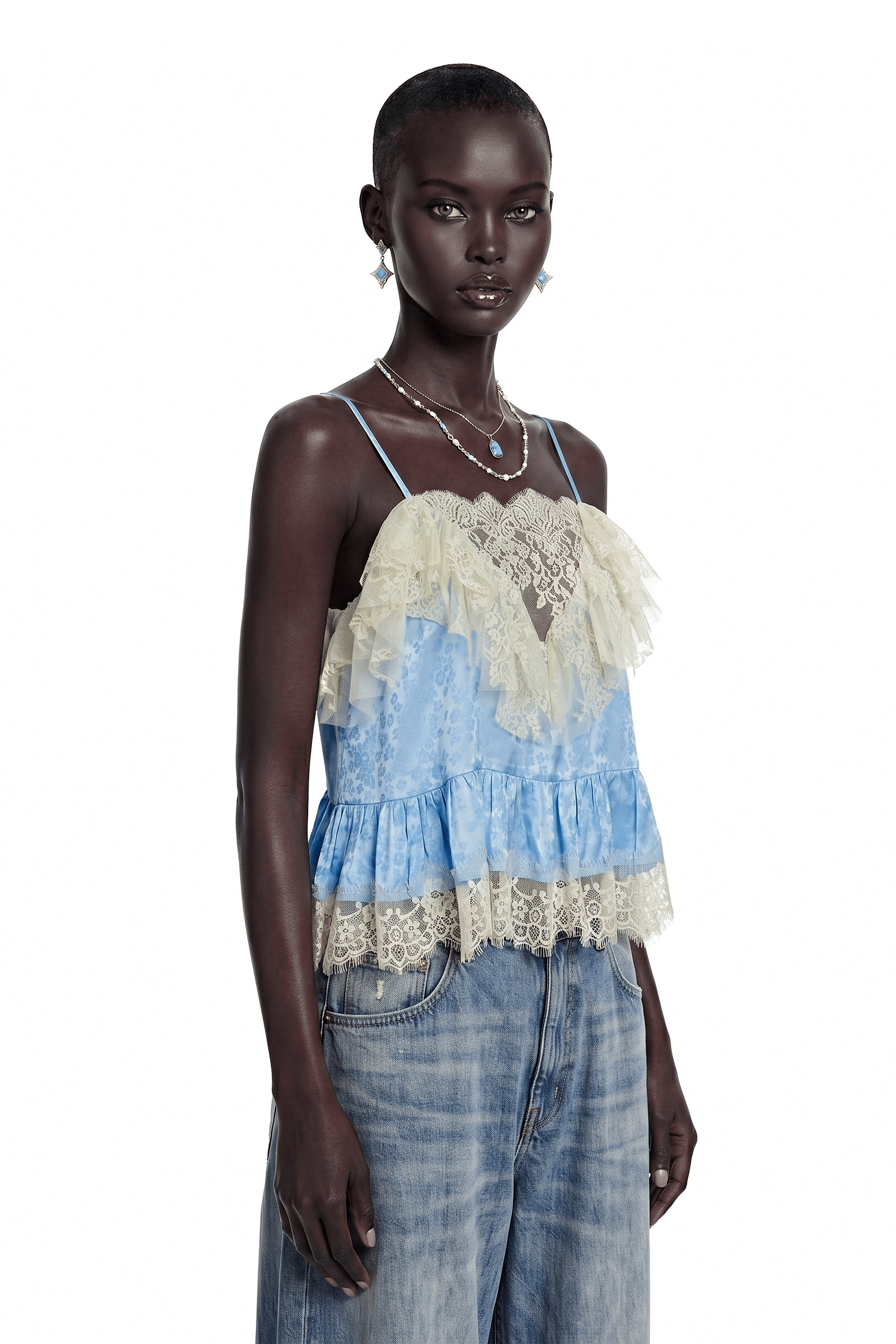 Alba Blue Spaghetti Straps Lace Detail Top