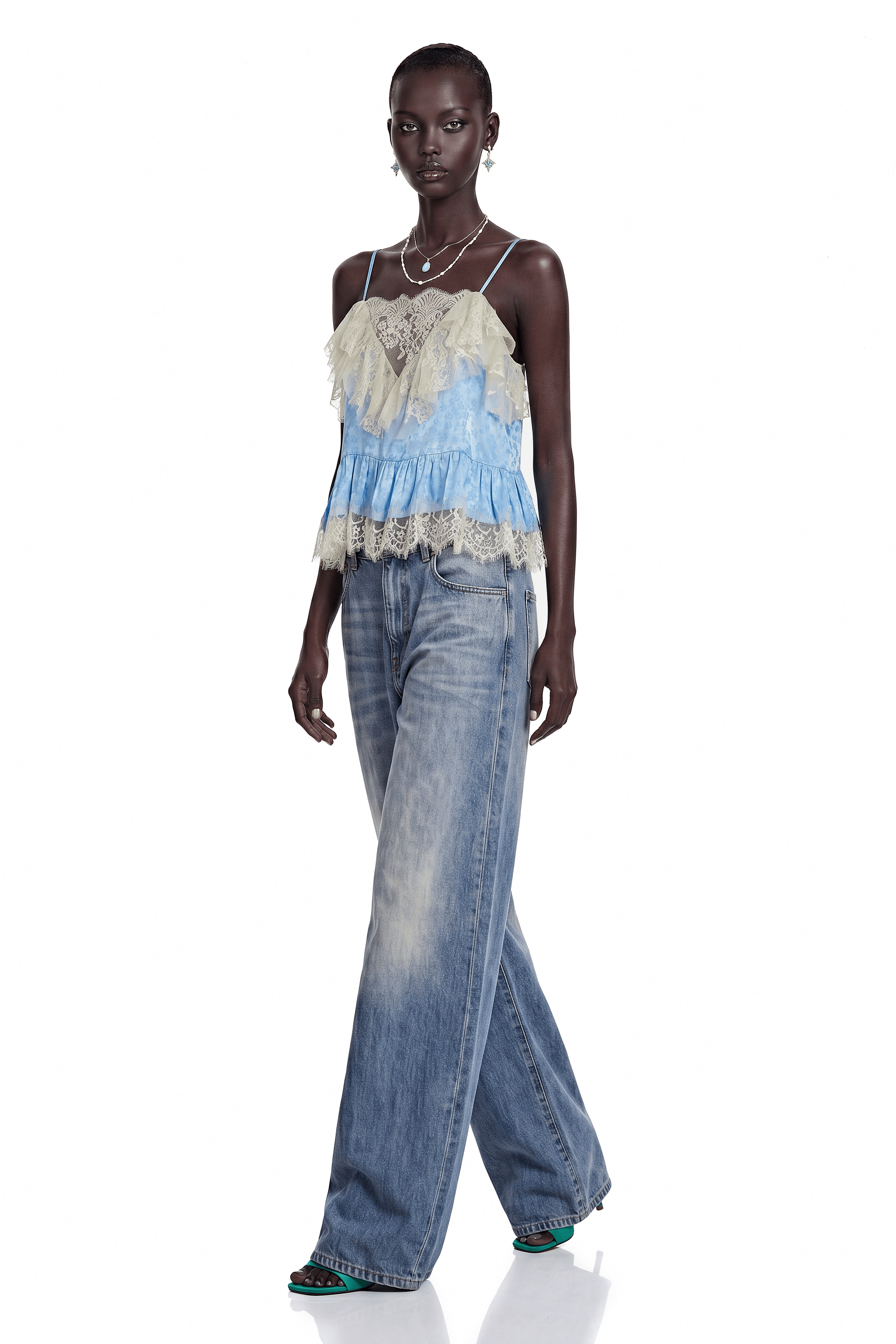Alba Blue Spaghetti Straps Lace Detail Top