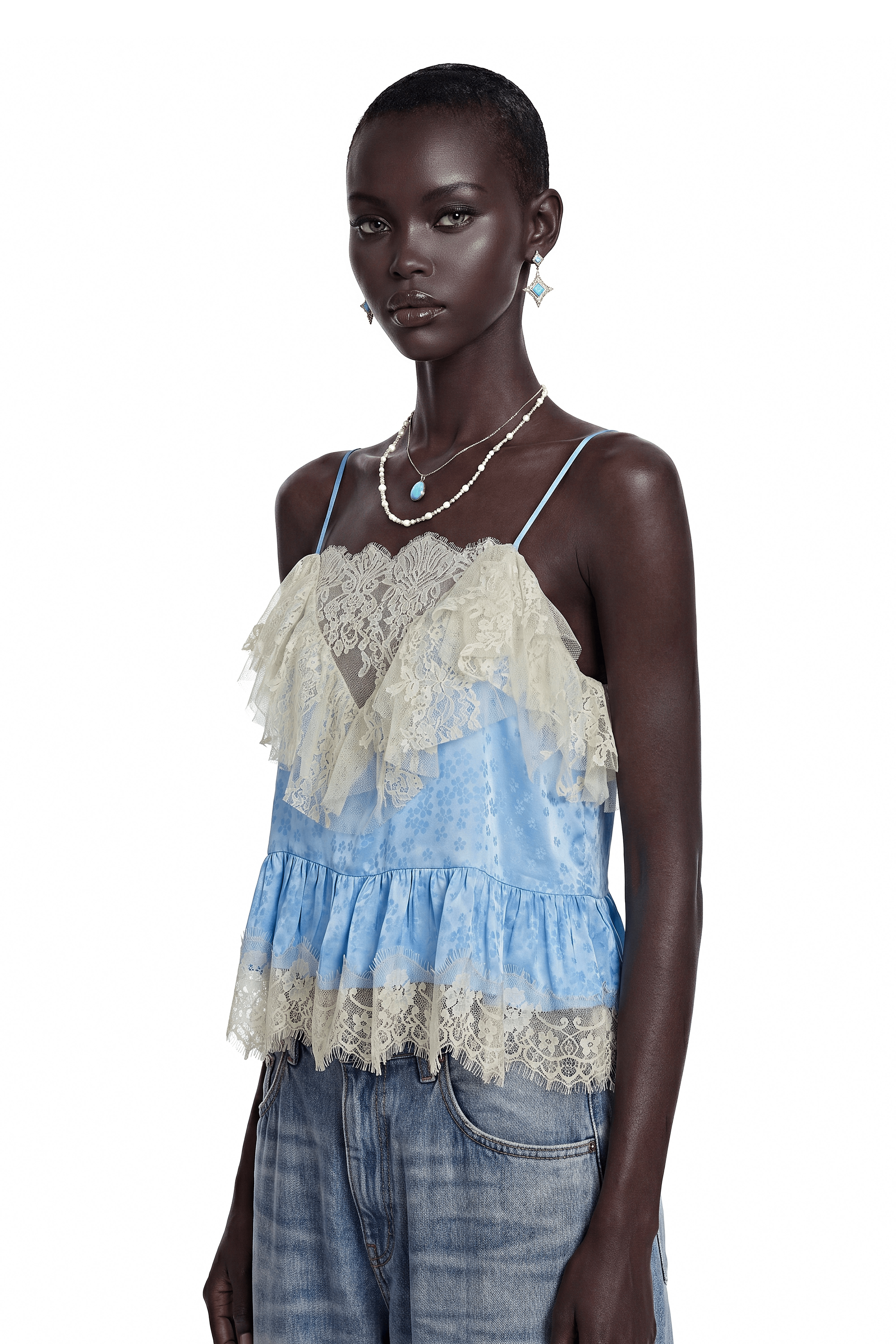 Alba Blue Spaghetti Straps Lace Detail Top
