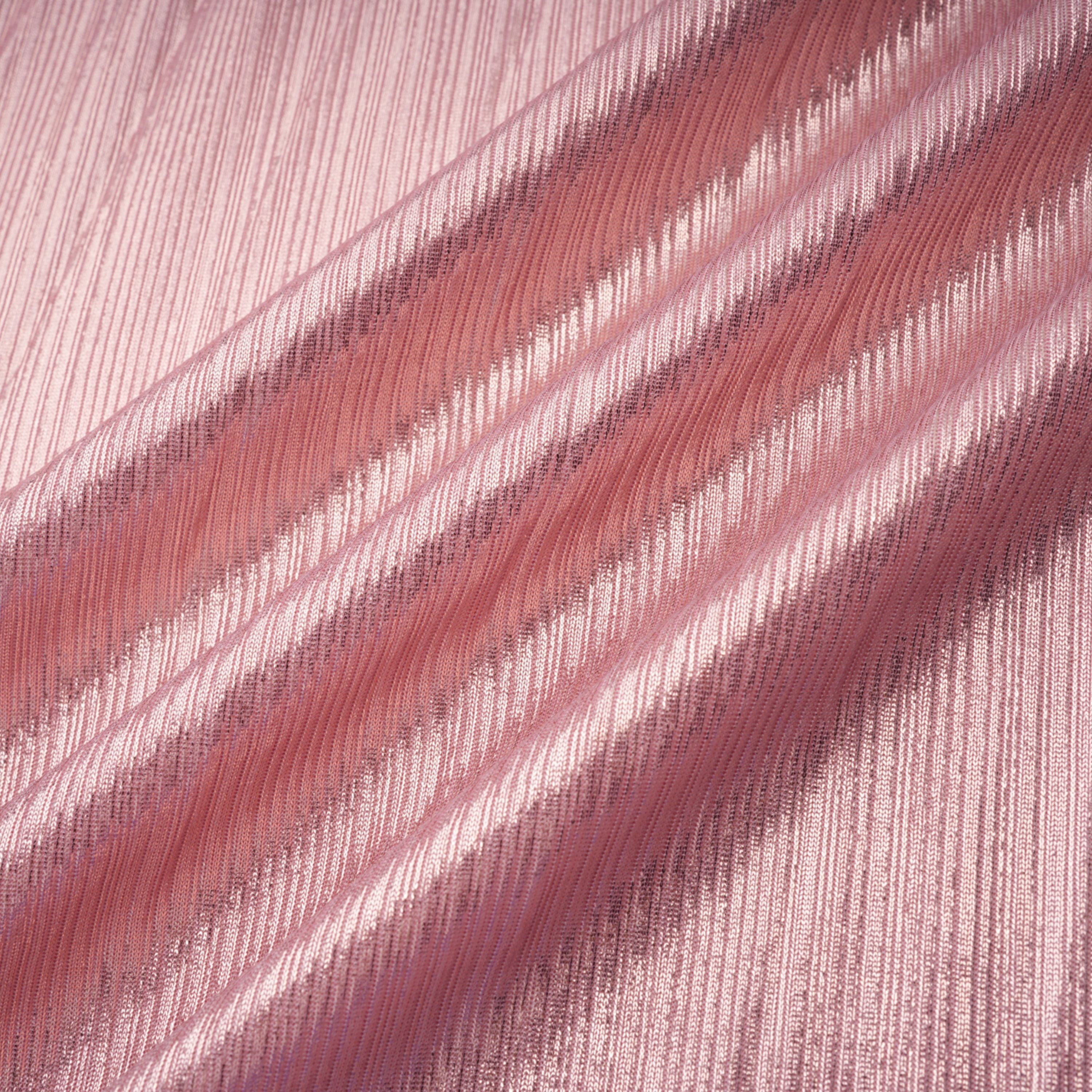 Metallic rose pink pleat halter gown with a cinched waist and high leg slit