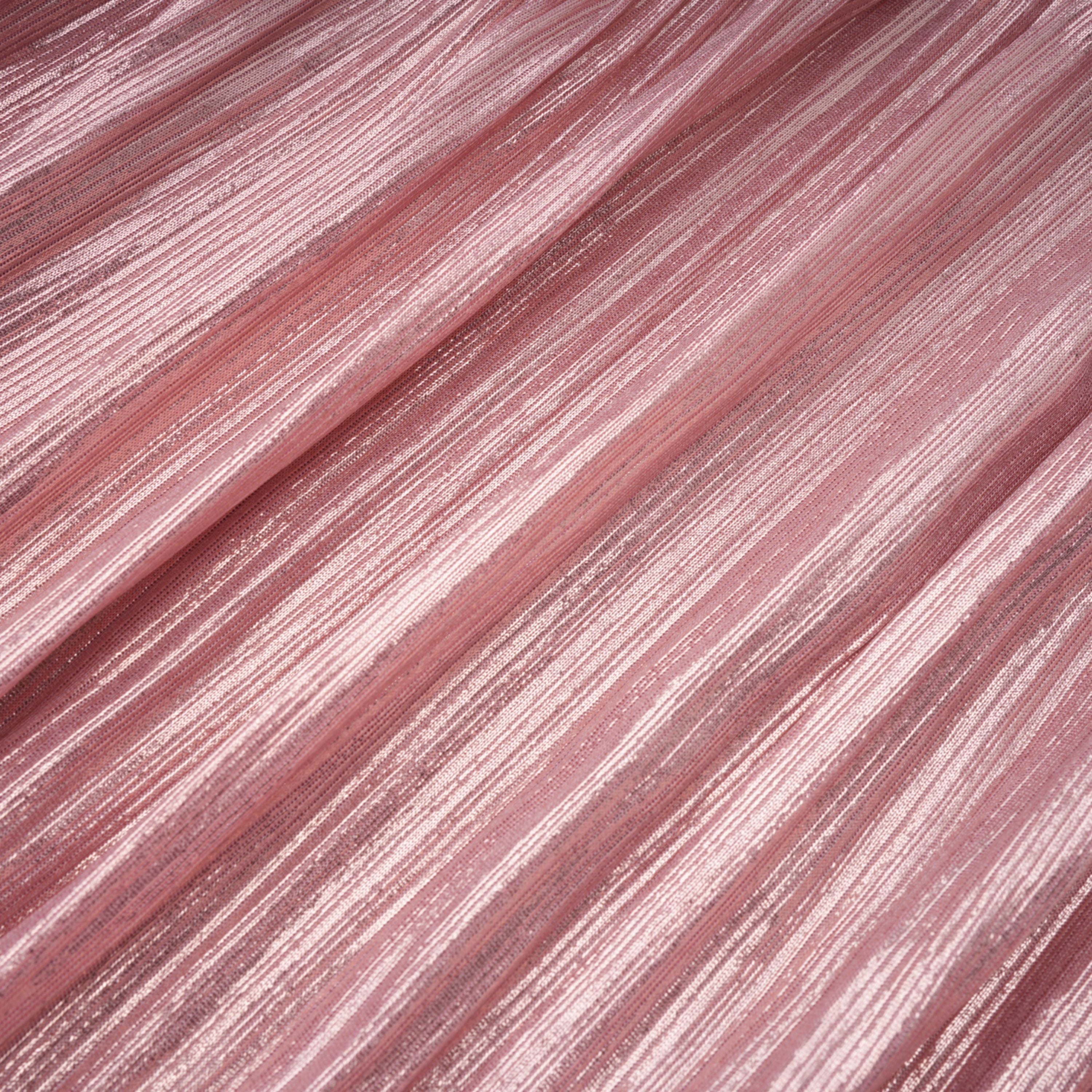 Metallic rose pink pleat halter gown with a cinched waist and high leg slit