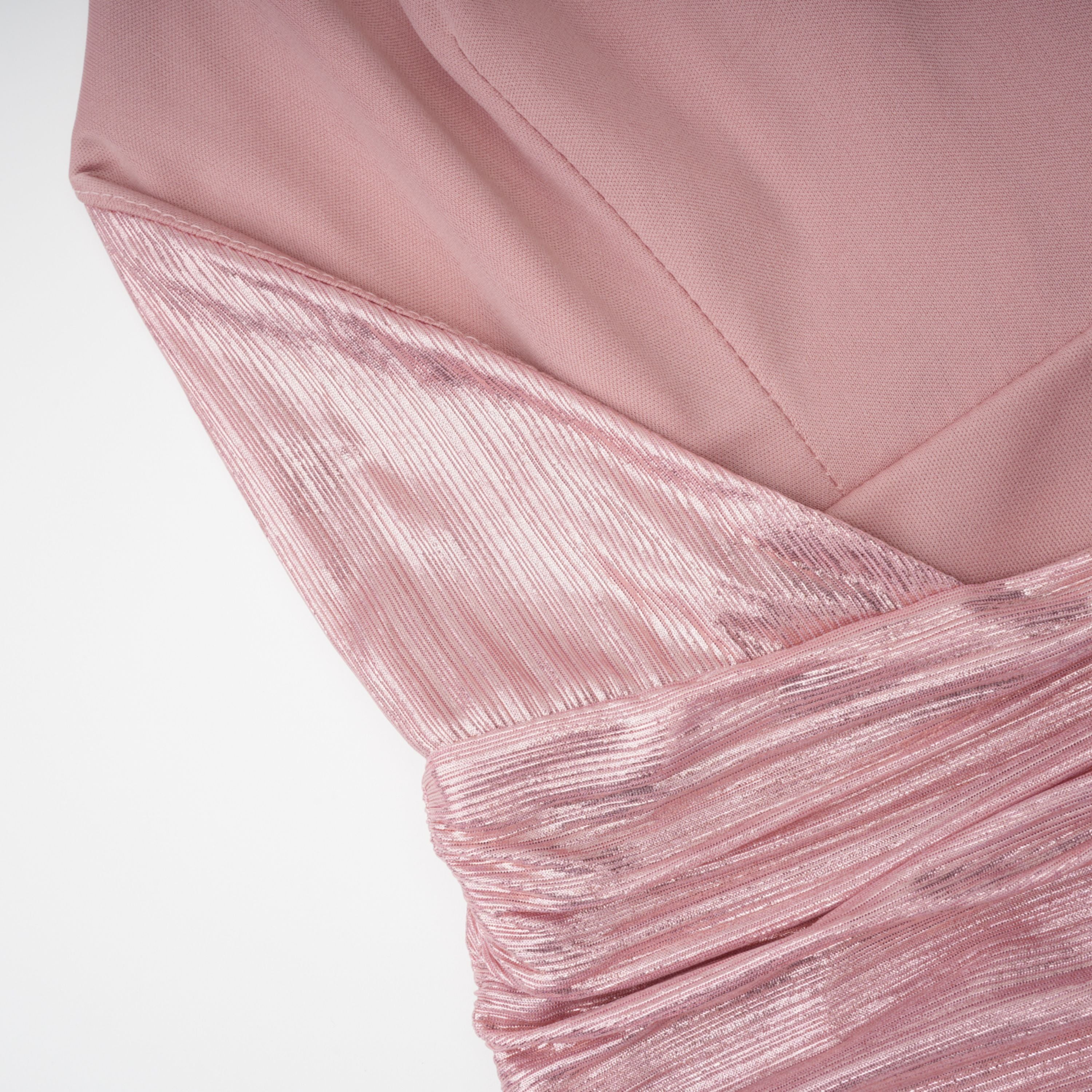 Metallic rose pink pleat halter gown with a cinched waist and high leg slit