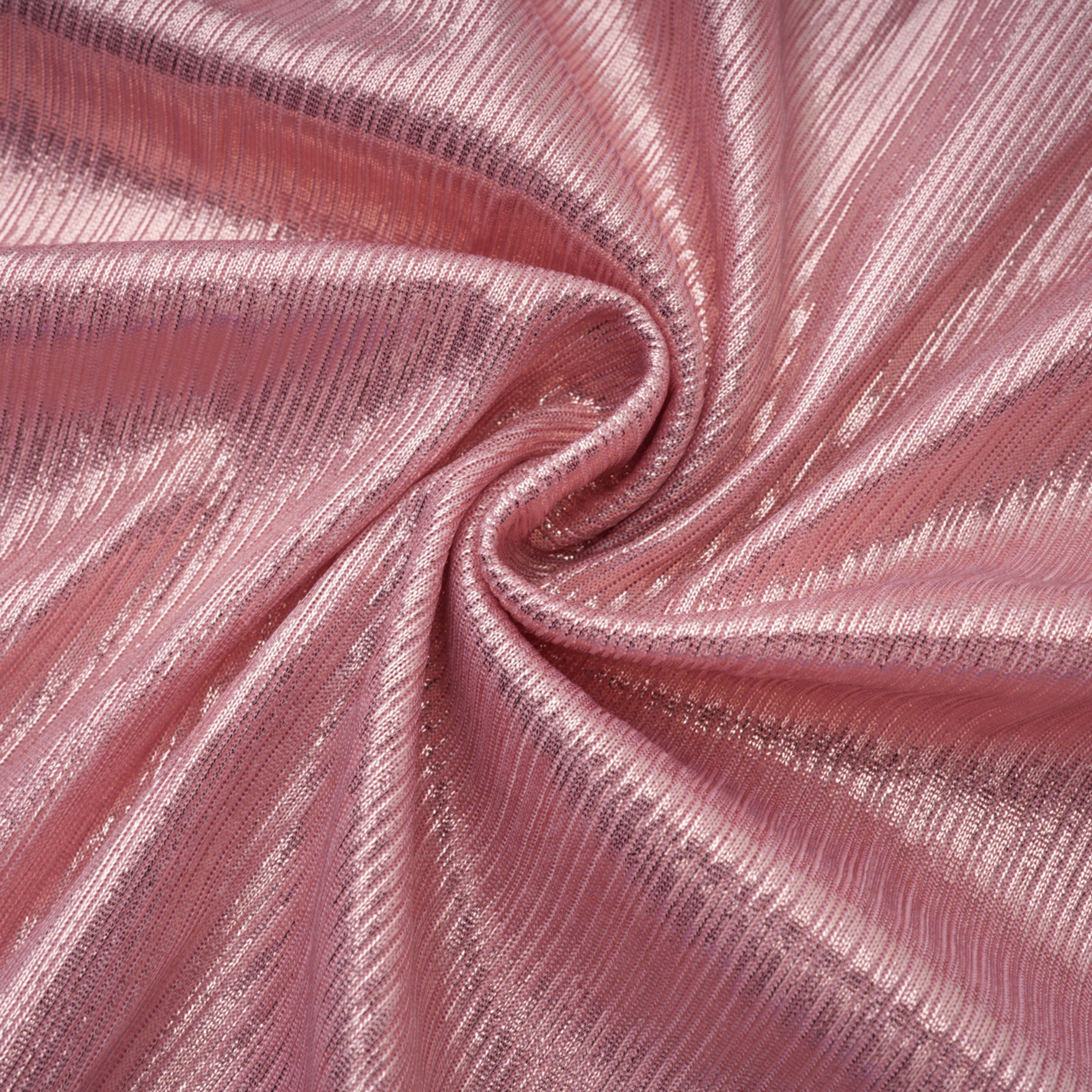 Metallic rose pink pleat halter gown with a cinched waist and high leg slit