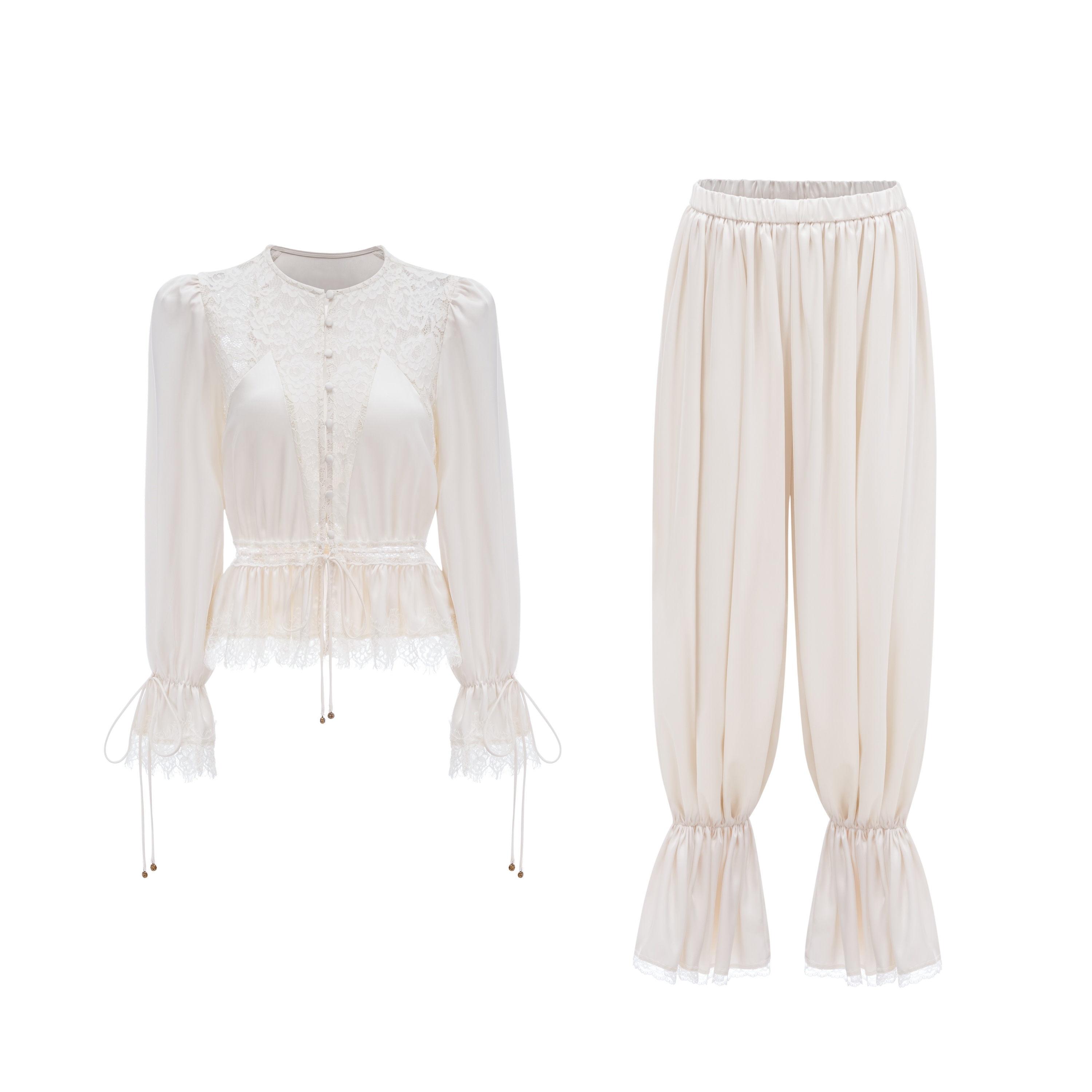 Aleah White Lace Ruffle Blouse & Balloon Trousers Set