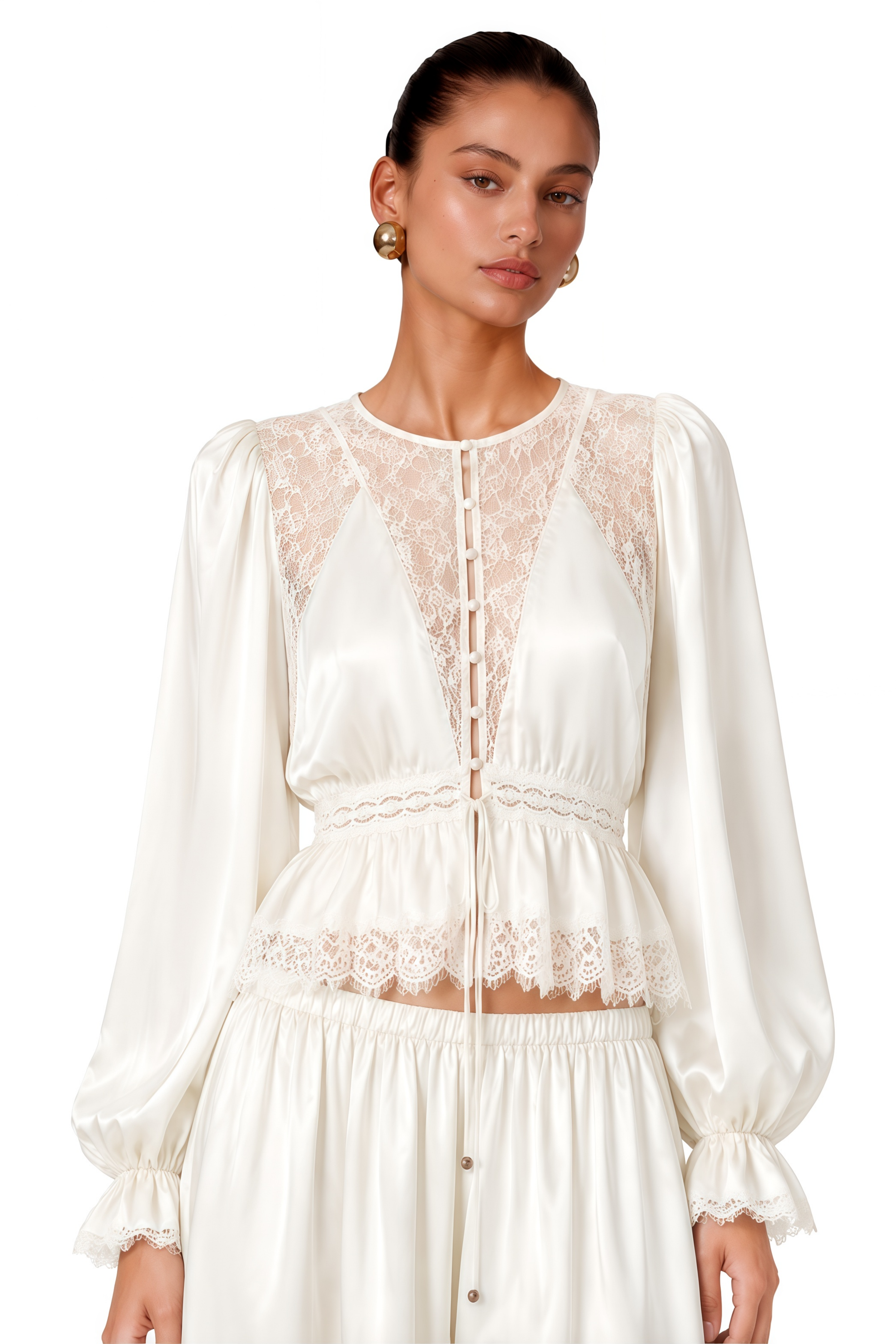 Aleah White Lace Ruffle Blouse & Balloon Trousers Set