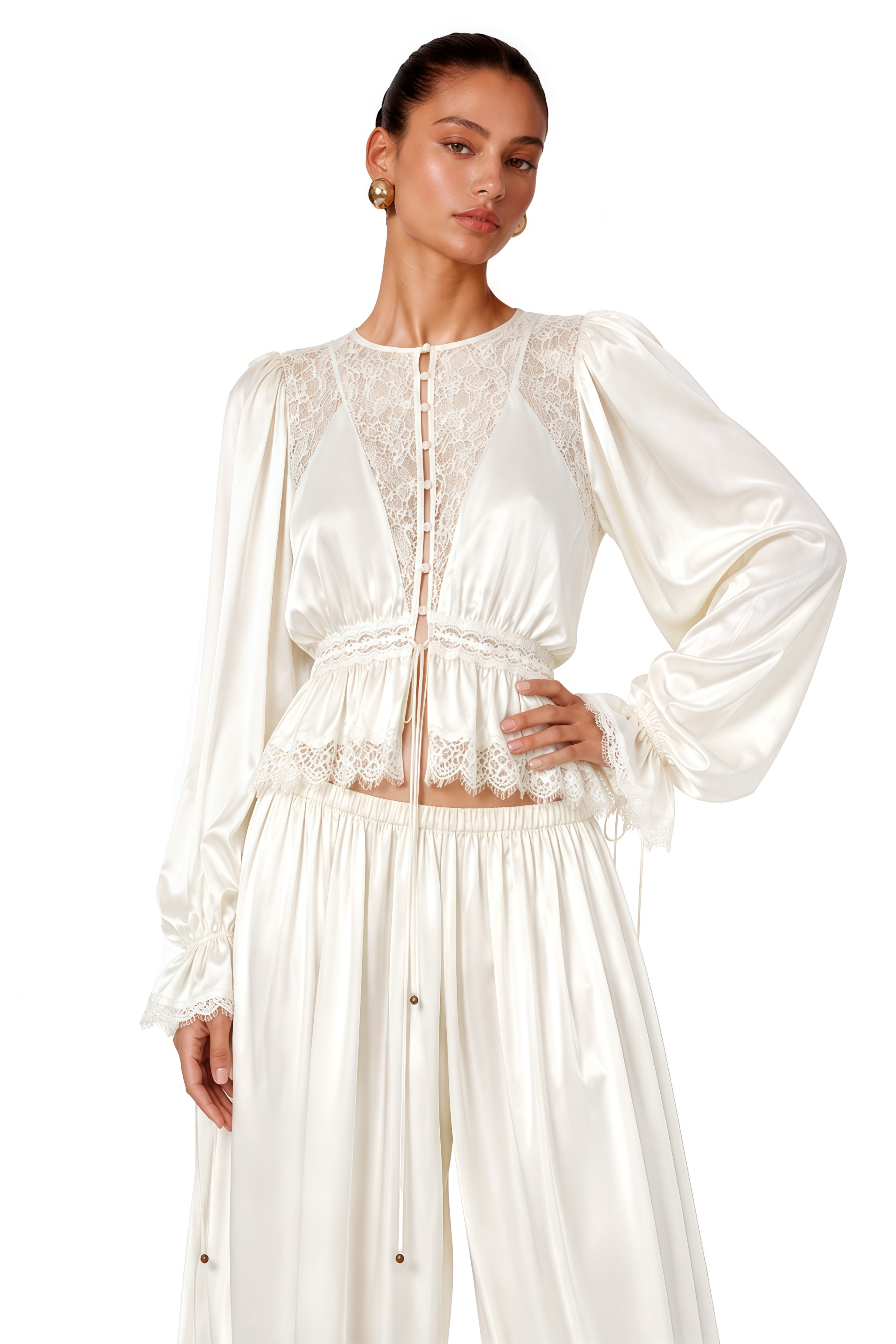 Aleah White Lace Ruffle Blouse & Balloon Trousers Set