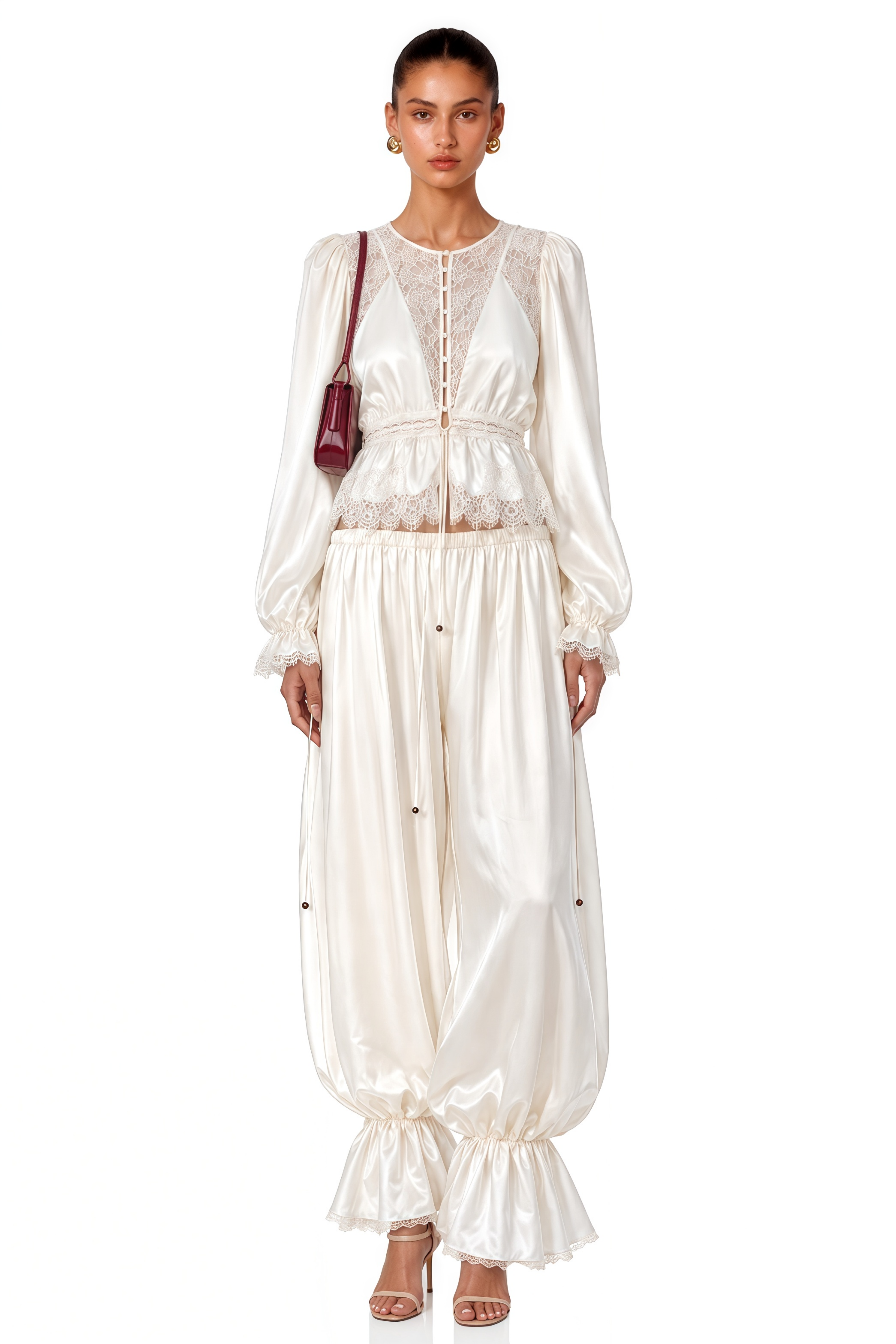 Aleah White Lace Ruffle Blouse & Balloon Trousers Set
