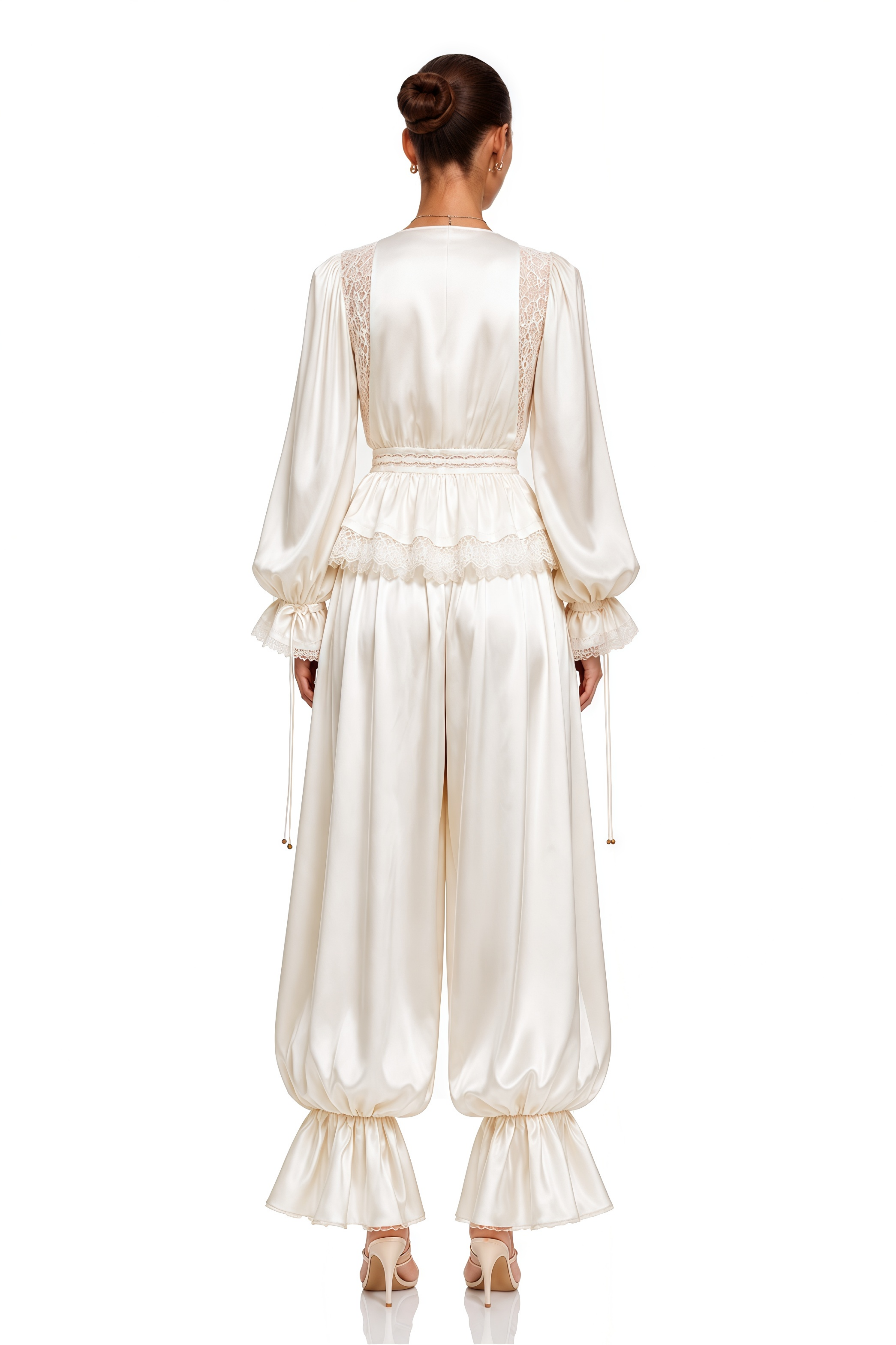 Aleah White Lace Ruffle Blouse & Balloon Trousers Set