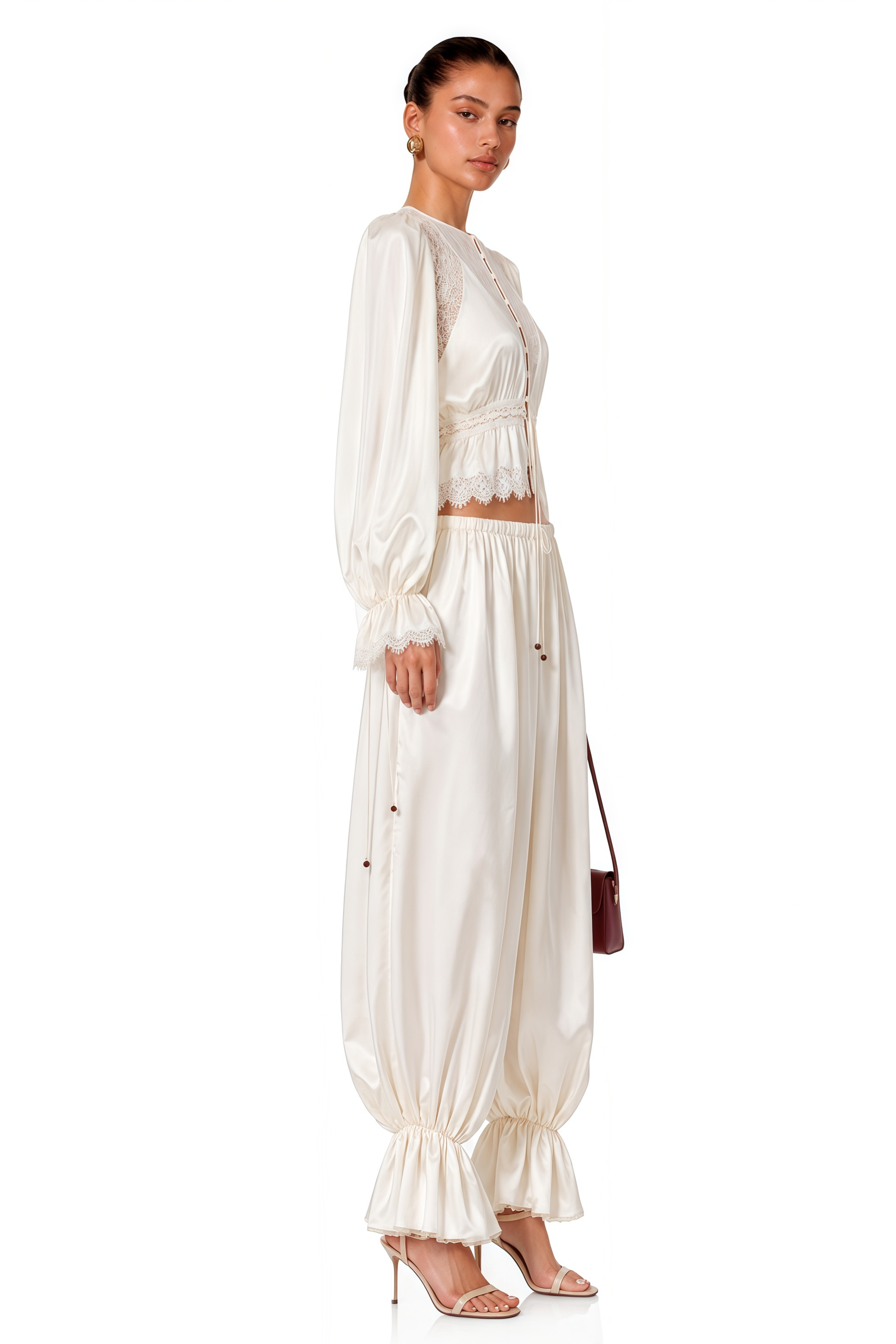 Aleah White Lace Ruffle Blouse & Balloon Trousers Set