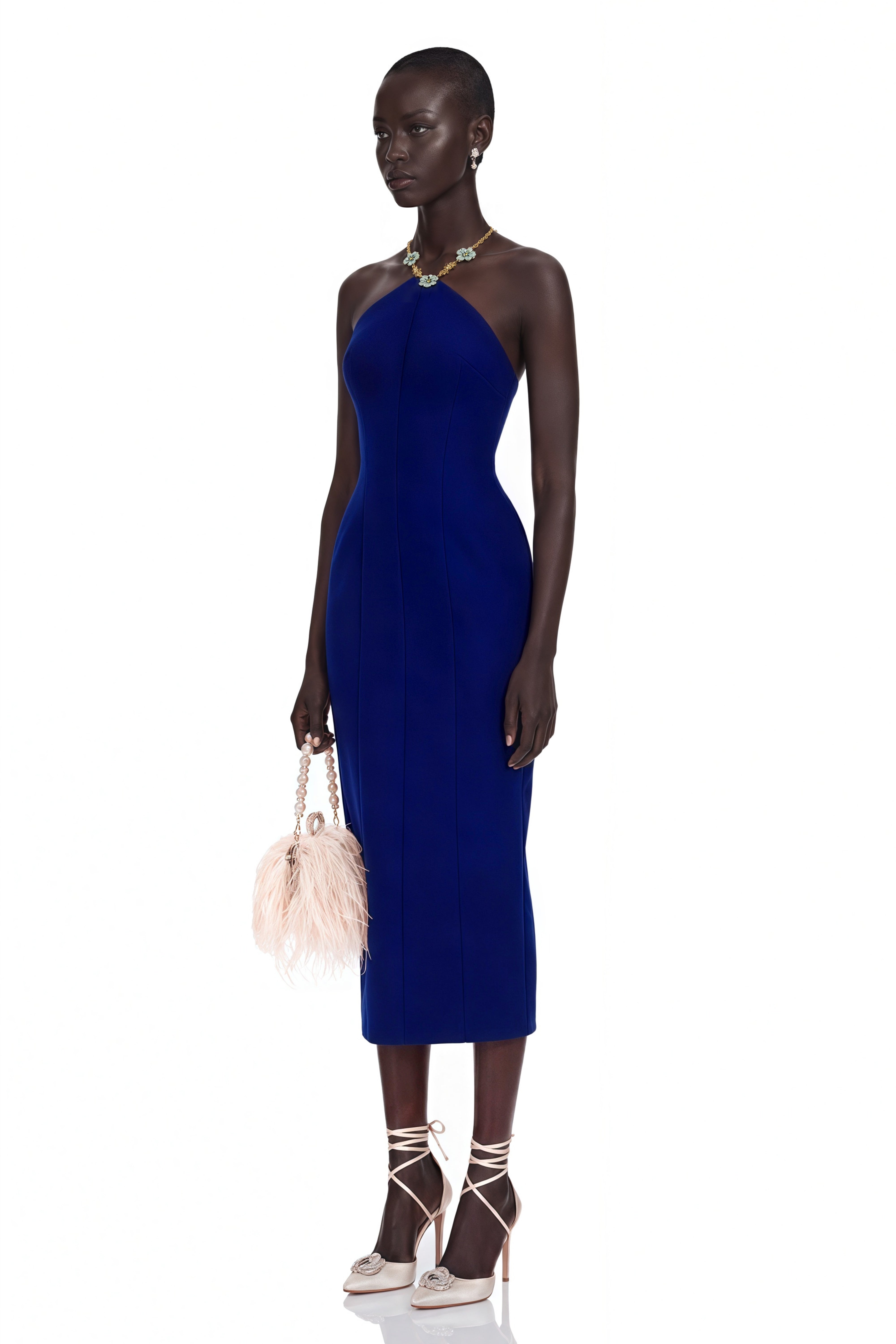 Royal blue halter midi dress with a floral embellishment