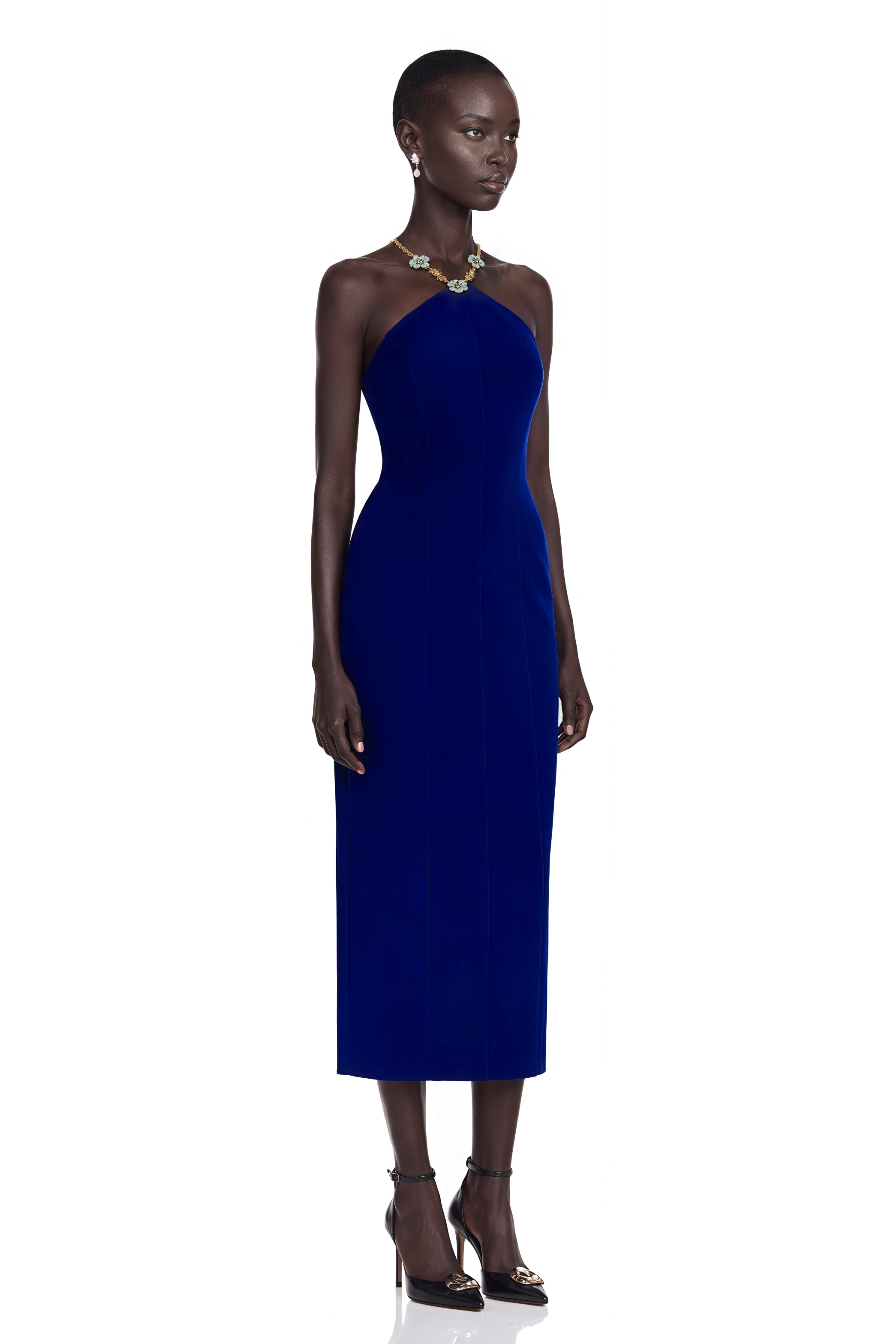 Royal blue halter midi dress with a floral embellishment