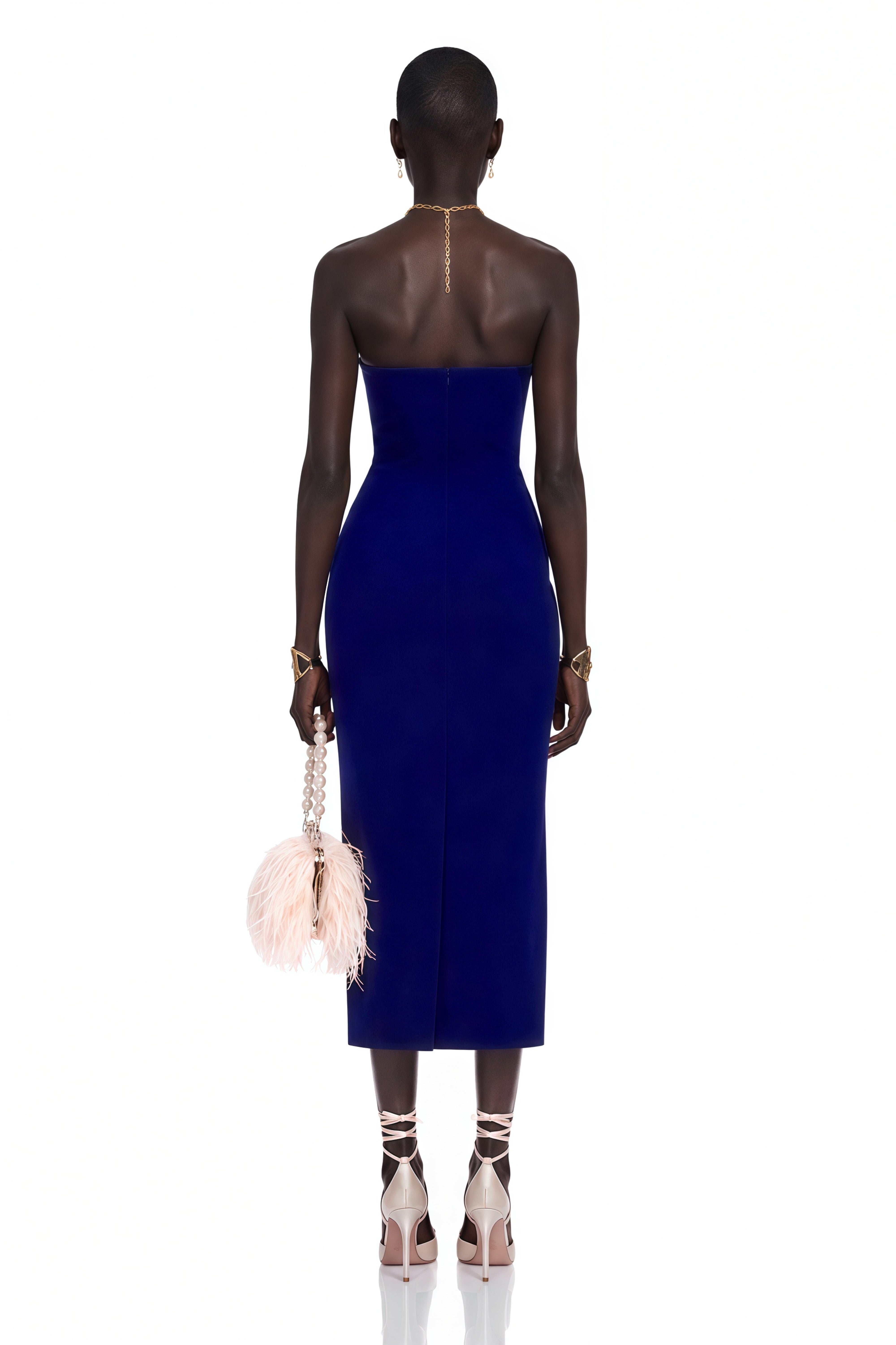 Royal blue halter midi dress with a floral embellishment