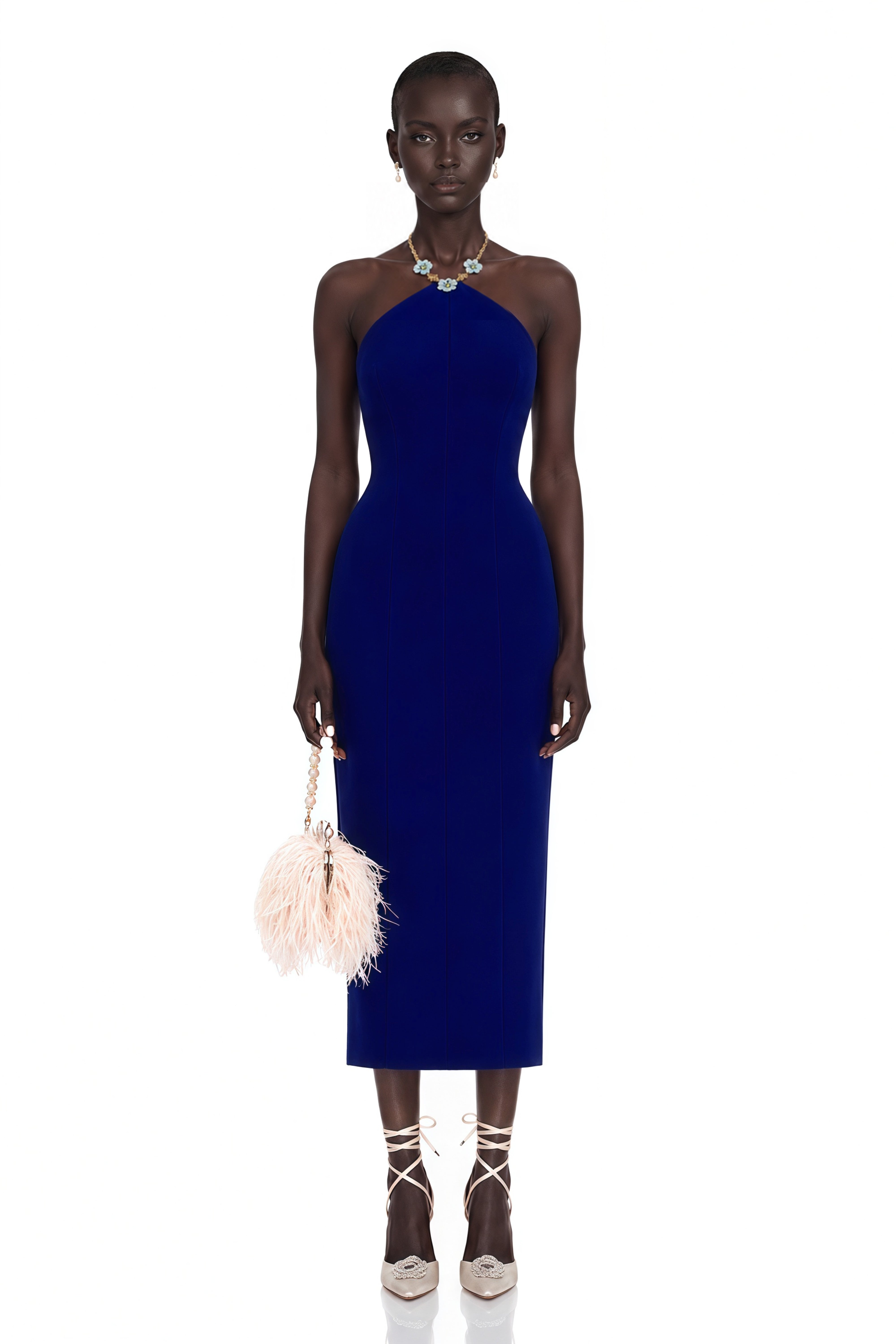 Royal blue halter midi dress with a floral embellishment