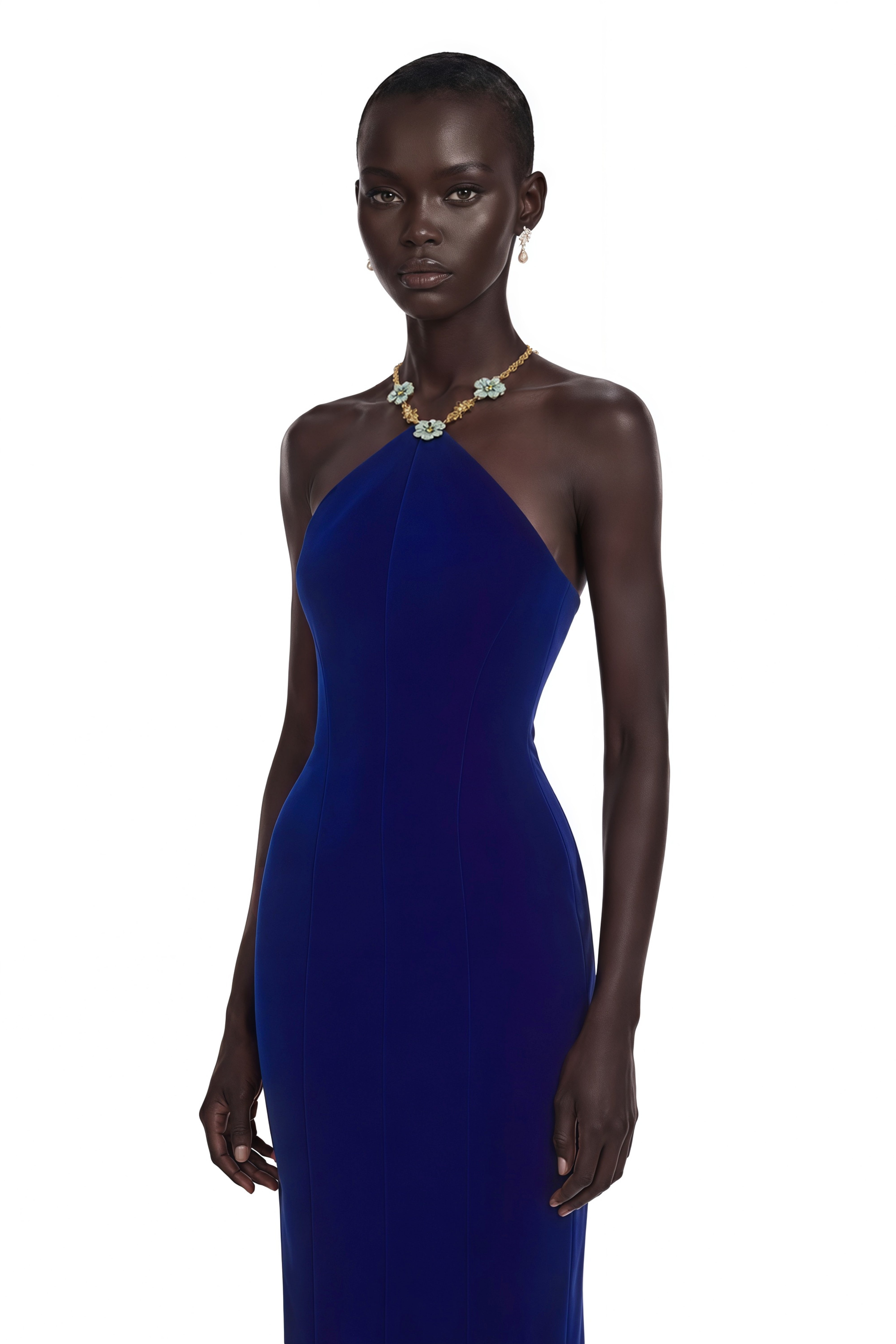 Royal blue halter midi dress with a floral embellishment