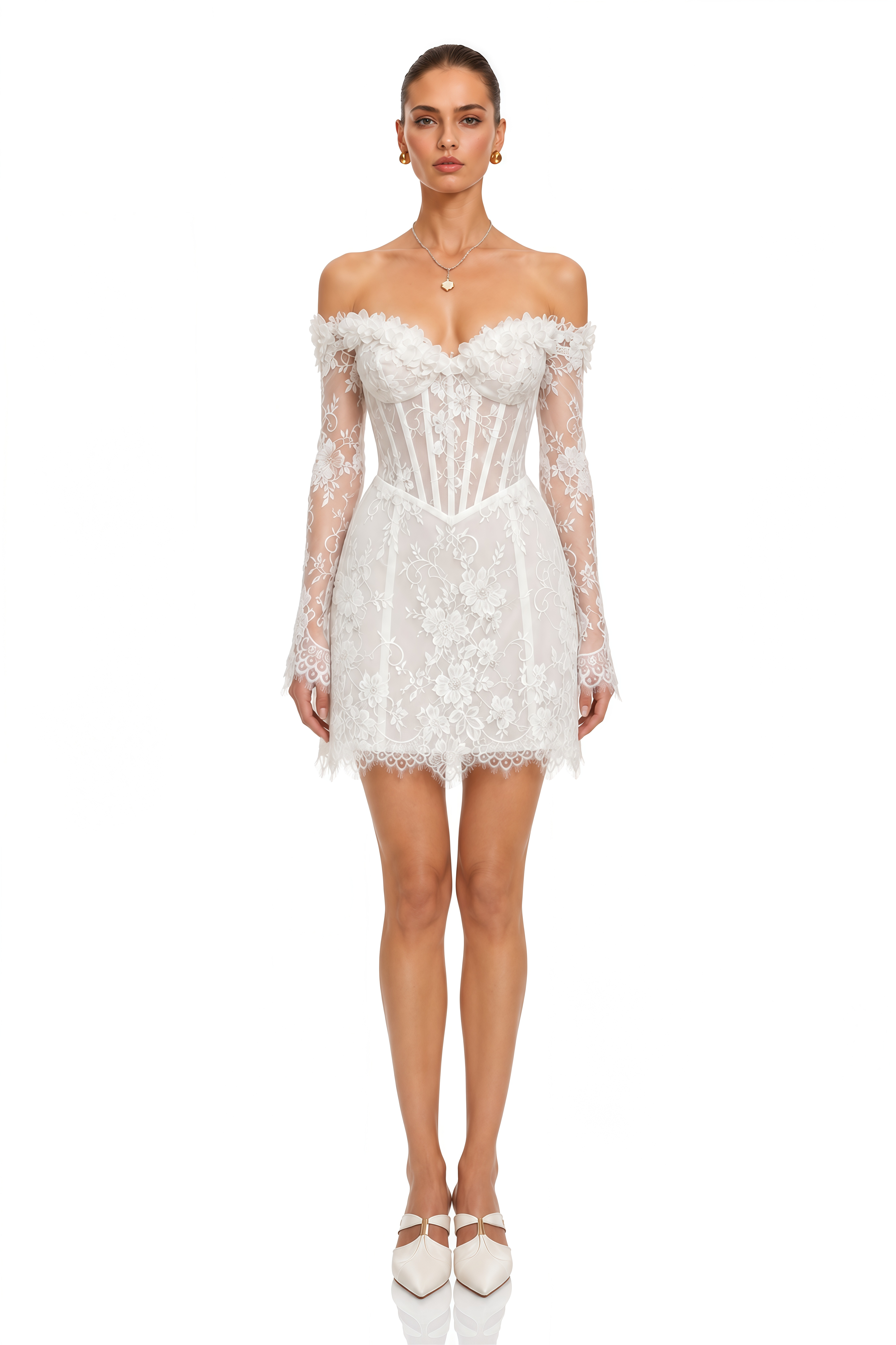 Alessina White Off Shoulder Lace Corset Mini Dress