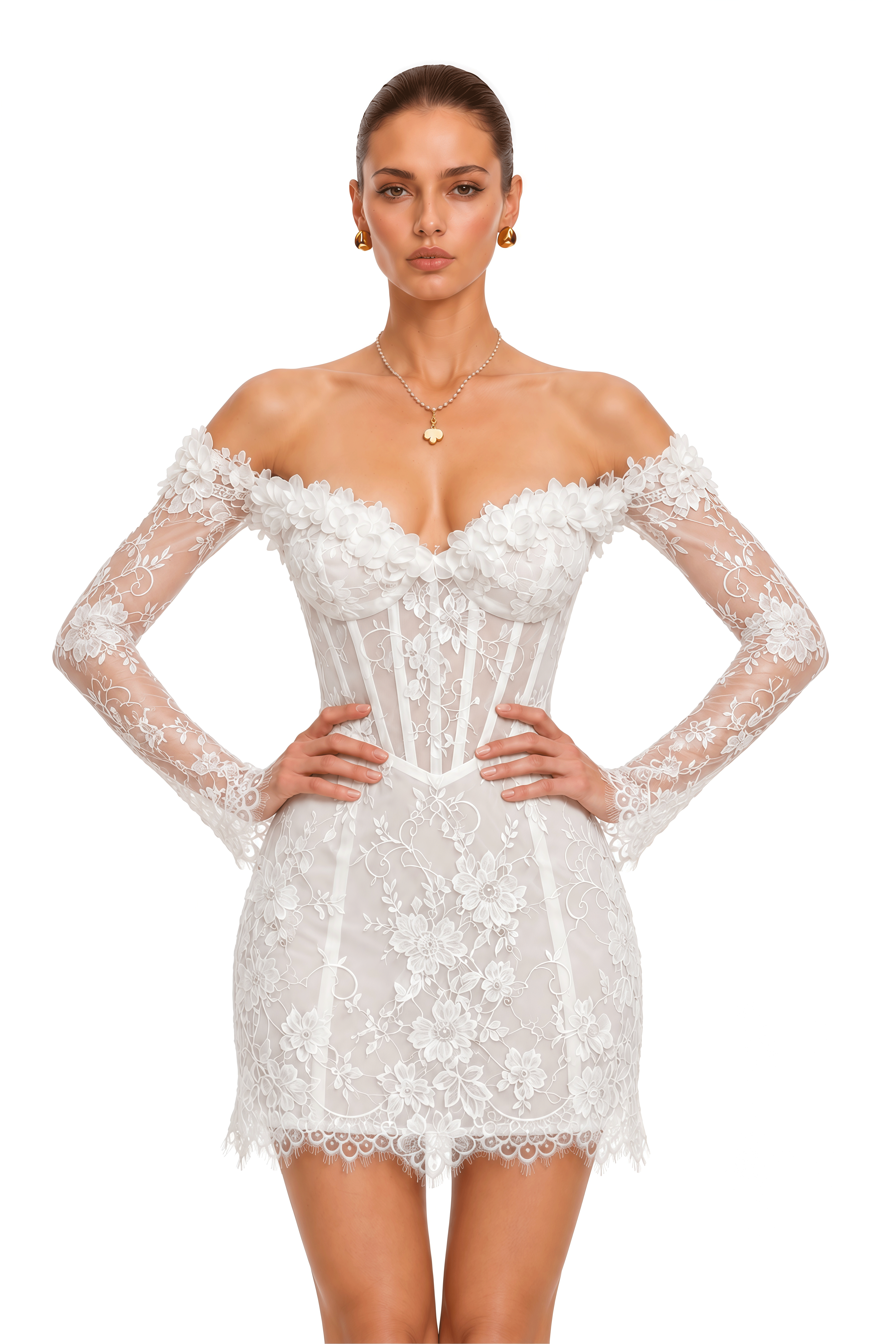 Alessina White Off Shoulder Lace Corset Mini Dress