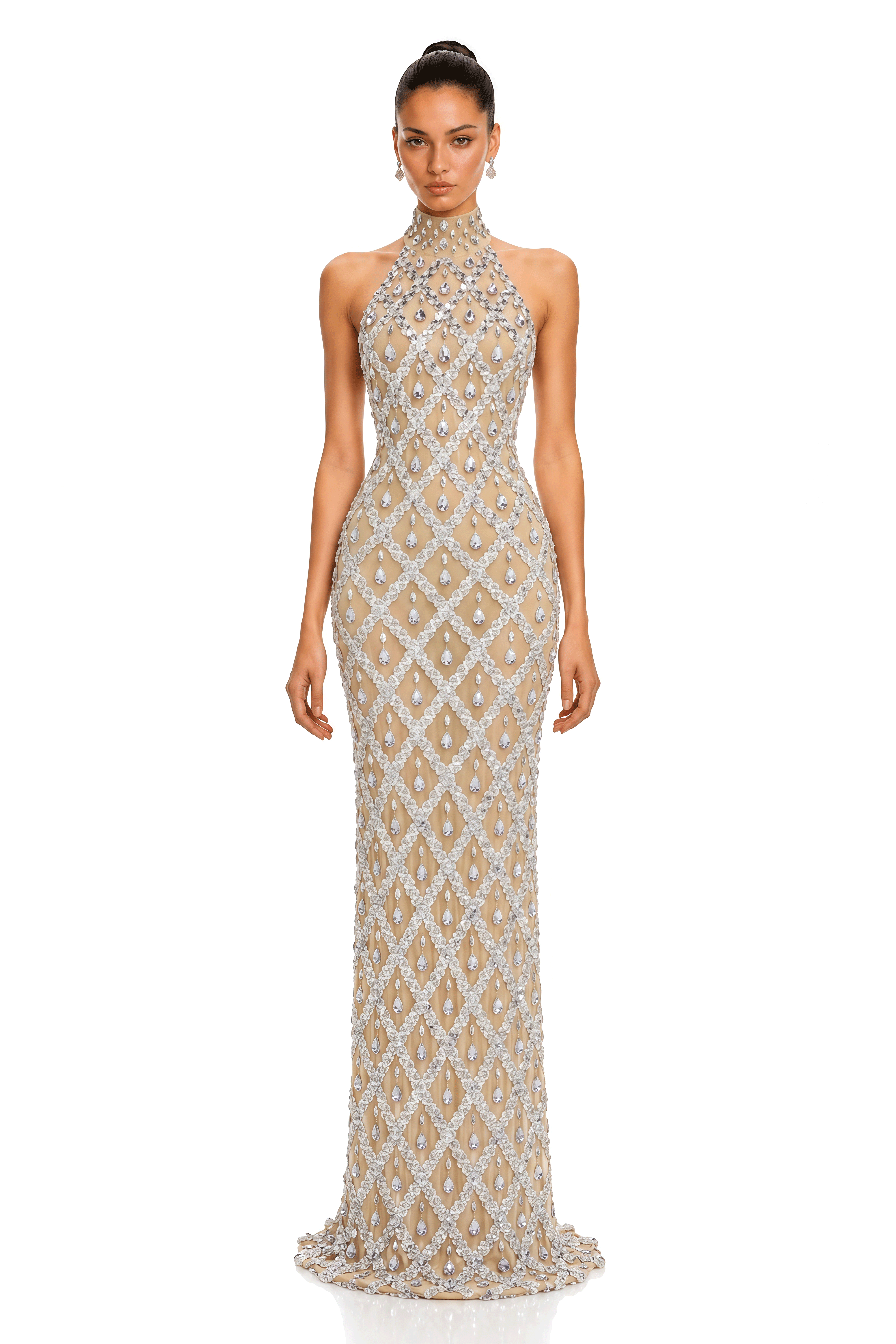 Aletheia Nude Crystal Lattice Embellished Halter Maxi Gown