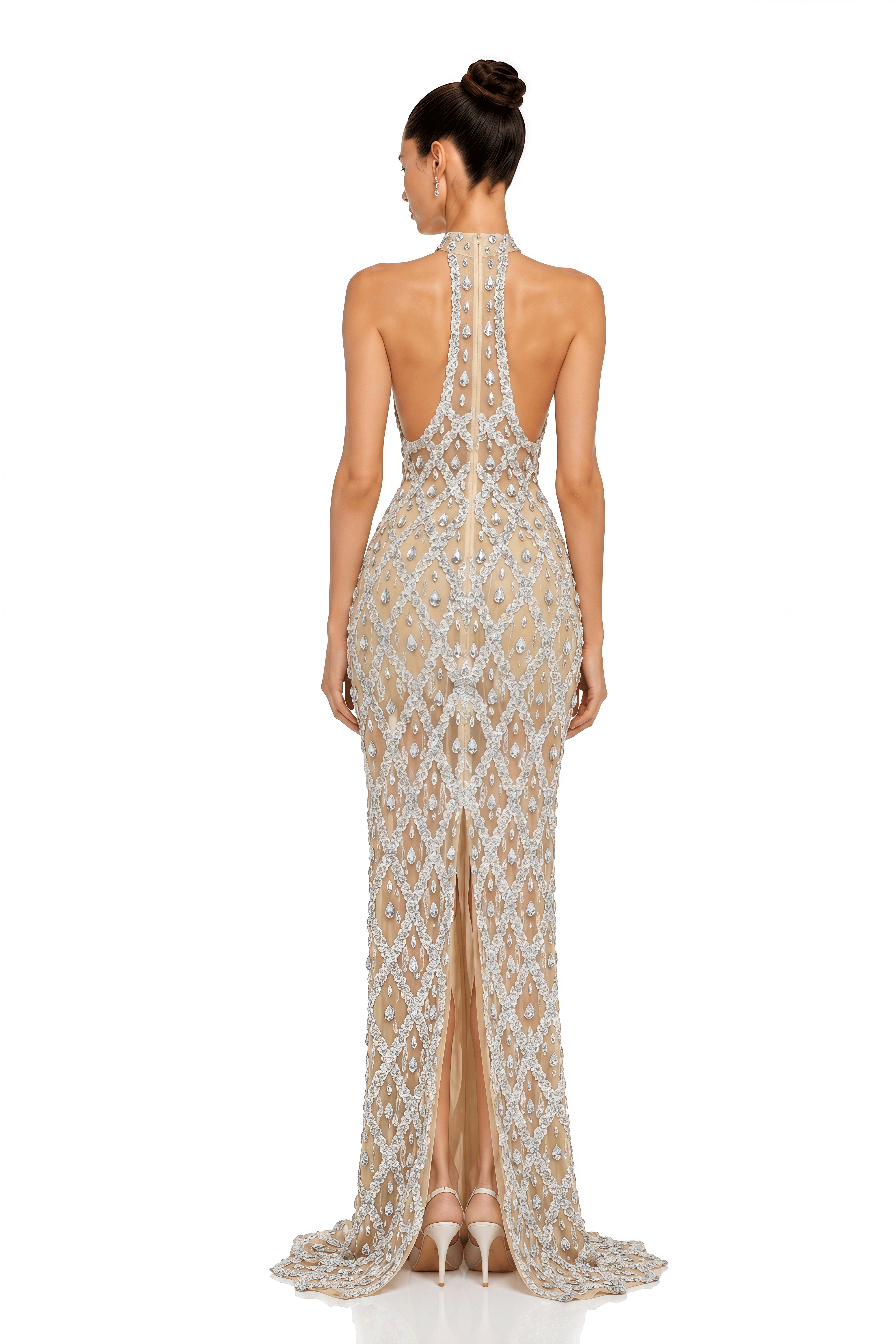 Aletheia Nude Crystal Lattice Embellished Halter Maxi Gown