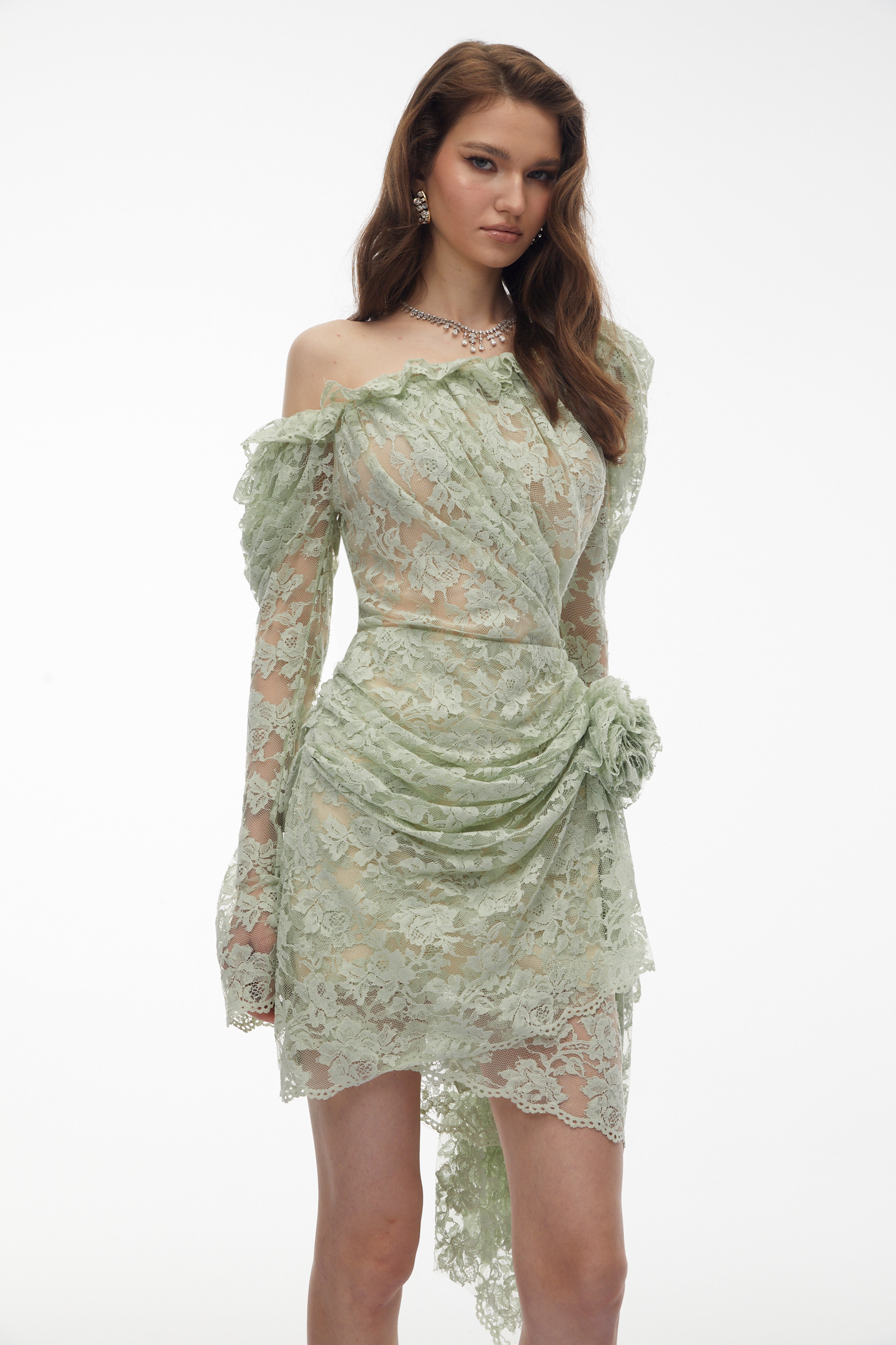 Asymmetrical Floral Lace Mini Dress