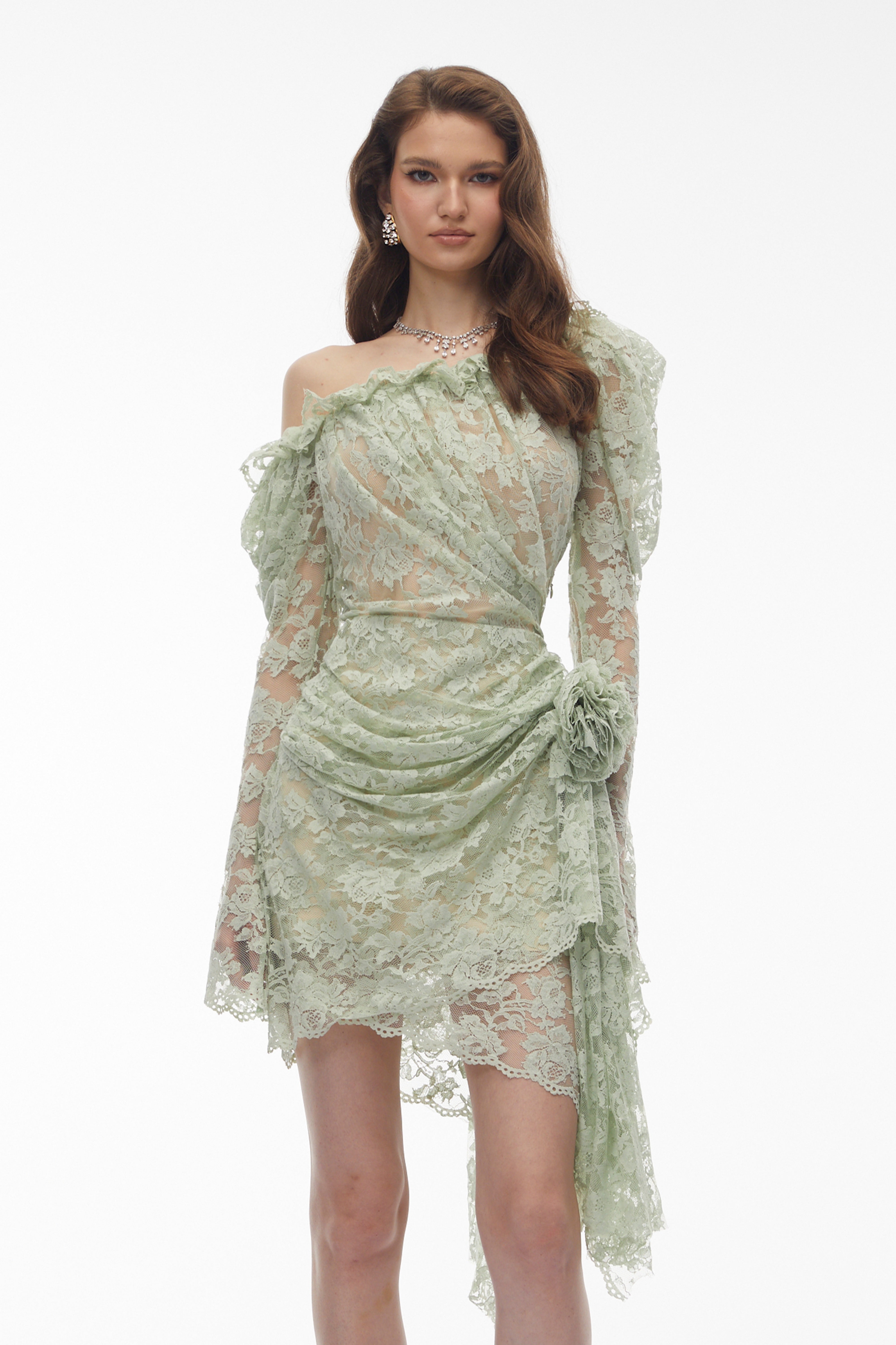 Asymmetrical Floral Lace Mini Dress