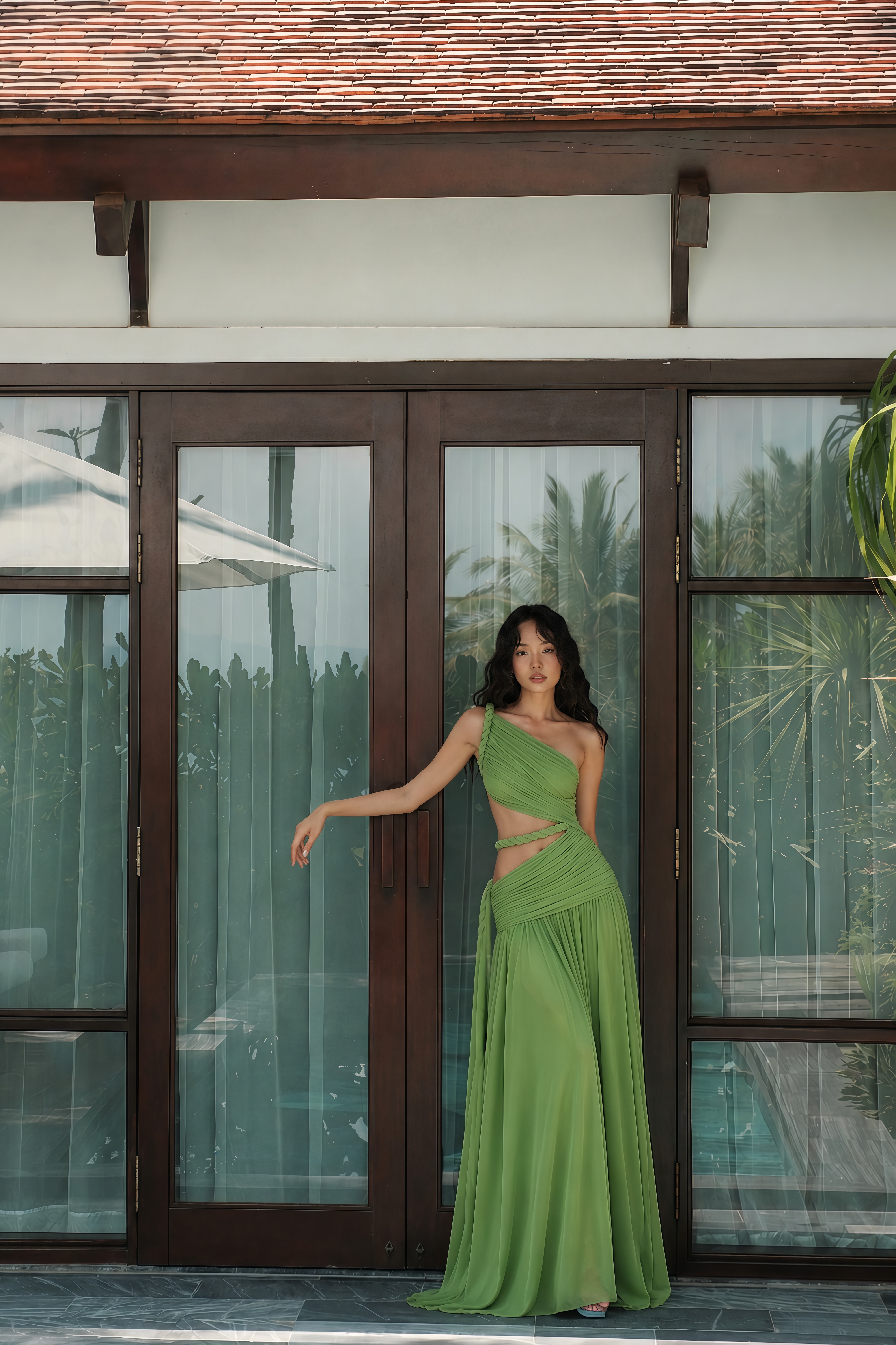 Alicia Green One-Shoulder Cut-Out Maxi Dress